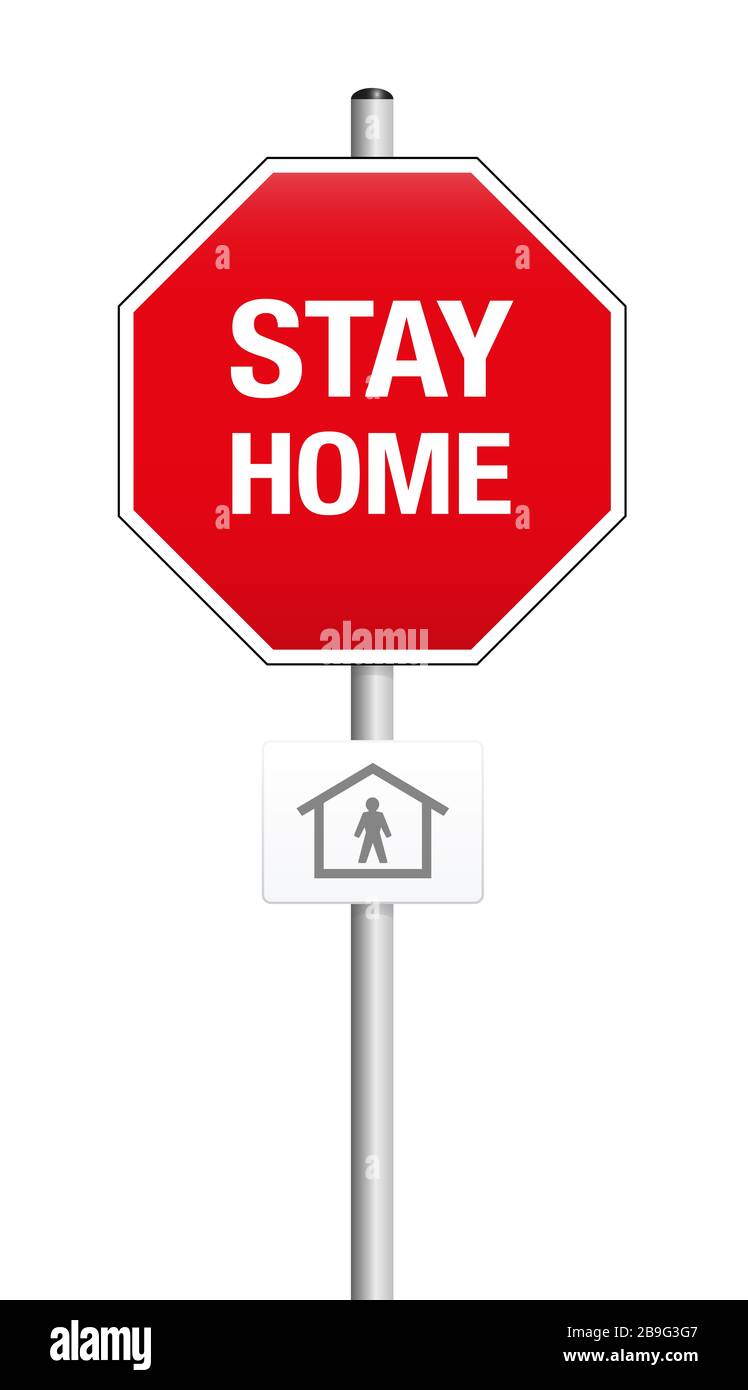 Stoppschild "Bleib zu Hause". Piktogramm "Selbstquarantäne" - Abbildung auf weißem Hintergrund. Stockfoto