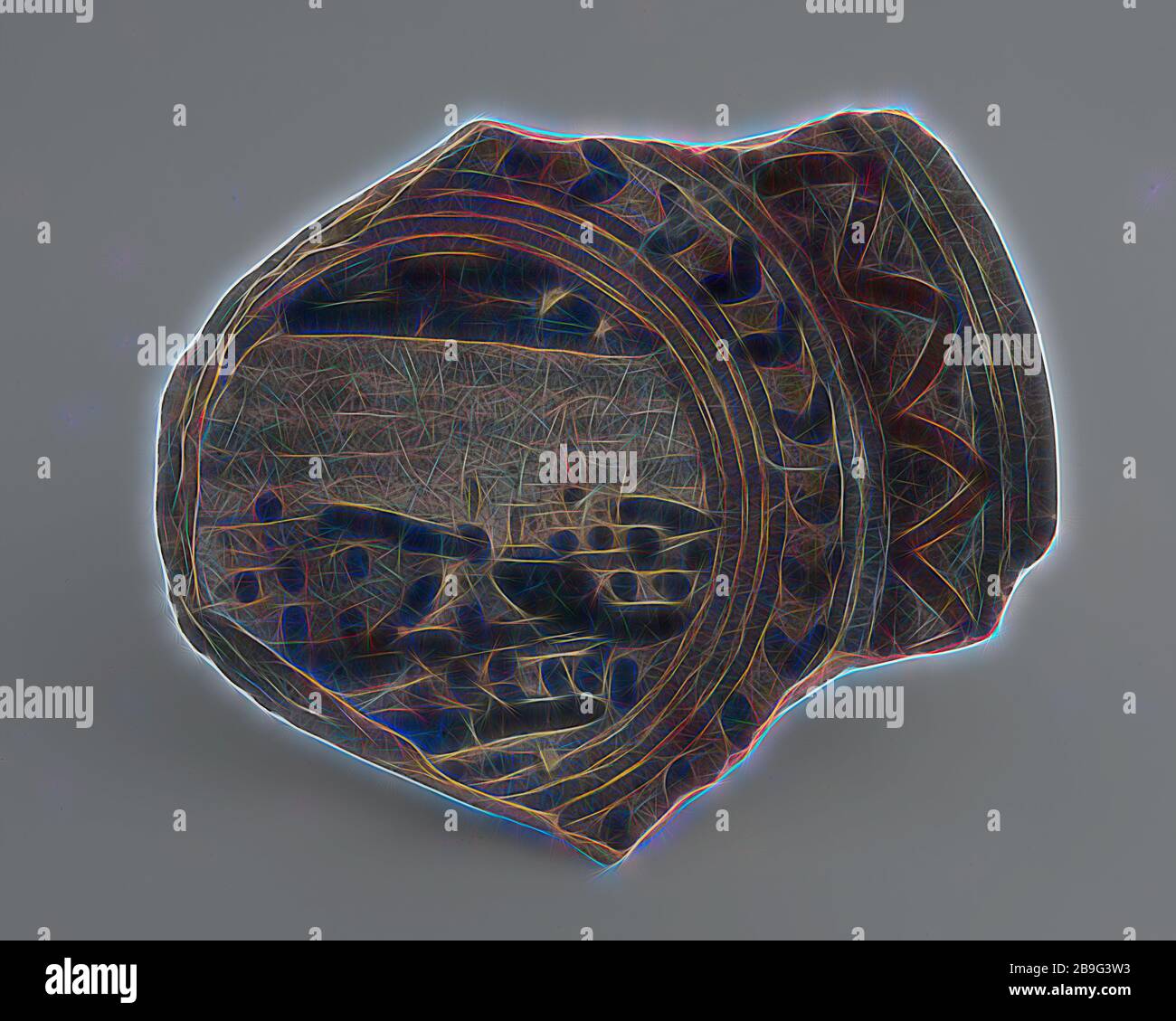 Fragment der Schale, polychrom dekoriert, mit Landschaft als Darstellung, Teller Geschirr Halter Boden finden Keramik Steingut Glasur Zinn Glasur Bleiglasur, Hand gedreht glasiert glasiert dekoriert frittierten Fragment Gericht gelb schard polychrome dekoriert mit stark stilisierter Landschaft auf Standring verwendete Farben: Blaue und gelbe Farbe im Mittelfeld nur blau außerhalb der einheitlichen grauen, aber stark verfärbten Archäologie Rotterdam-Stadscentrum Stadsdriehoek Oudehaven indigene Keramik, die Tisch serviert, Geschirr Boden Entdeckung: Oude Haven Rotterdam Stockfoto