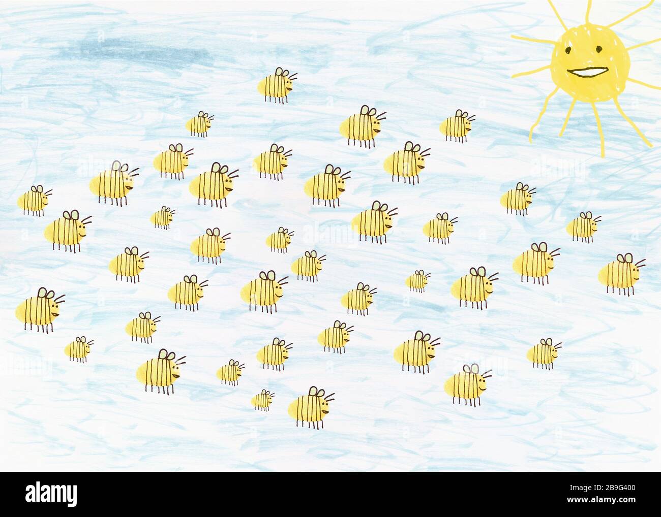 Childs Zeichnung von Hummeln, die unter anthropomorpher Sonne fliegen Stockfoto