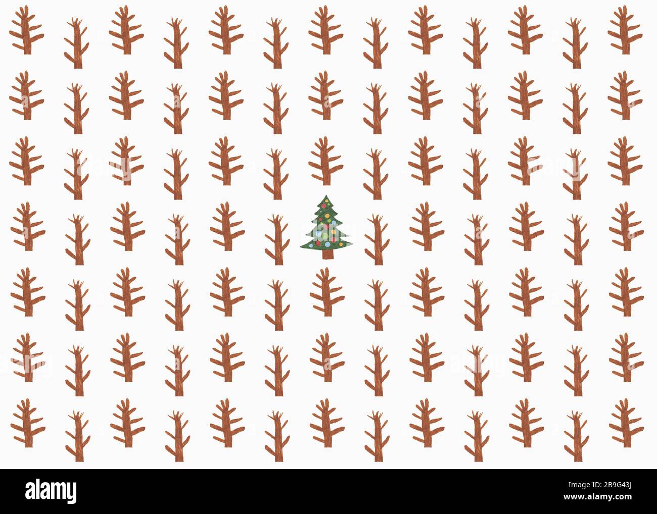 Childs Zeichnung von Weihnachtsbaum umgeben von Saplings Stockfoto