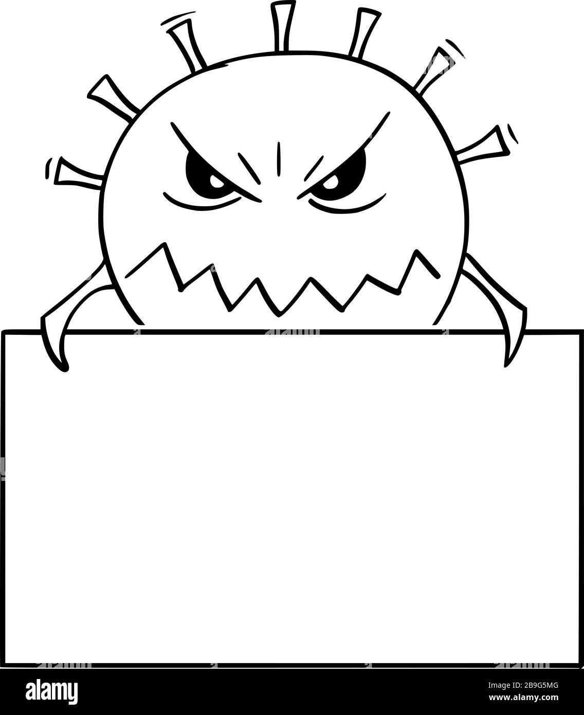 Vektor-Cartoon-Illustration von Coronavirus Covid-19 oder Virus oder Bakterien oder pathogenes gefährliches Monster, das leere Zeichen hält. Stock Vektor