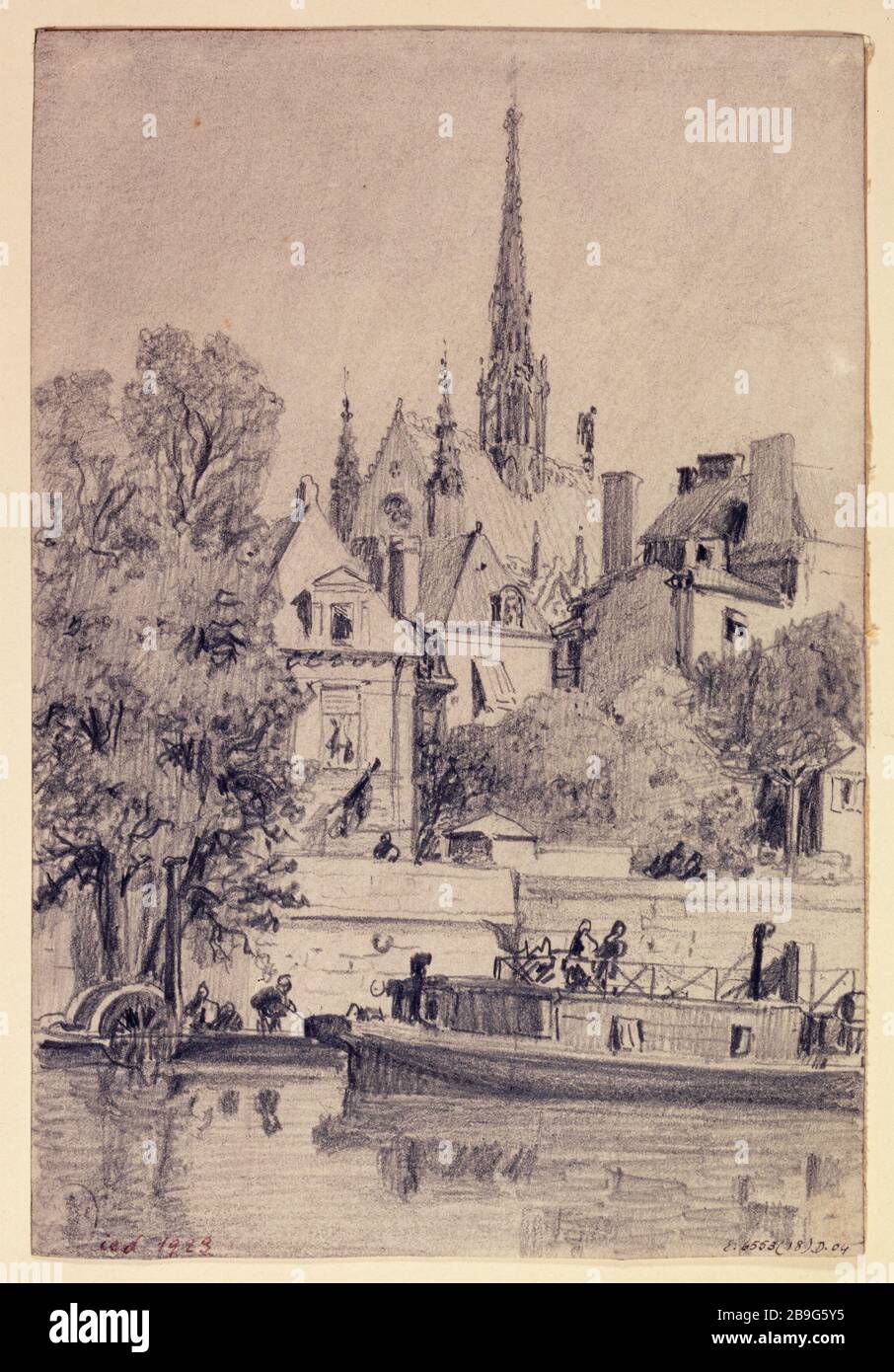 Das Dock Goldsmiths und die Sainte-Chapelle, Albert Maignan (1844-1908). Le quai des Orfèvres et la Sainte-Chapelle. Paris (Ier arr.), im Jahre 1866. Mine de plomb. Paris, musée Carnavalet. Stockfoto