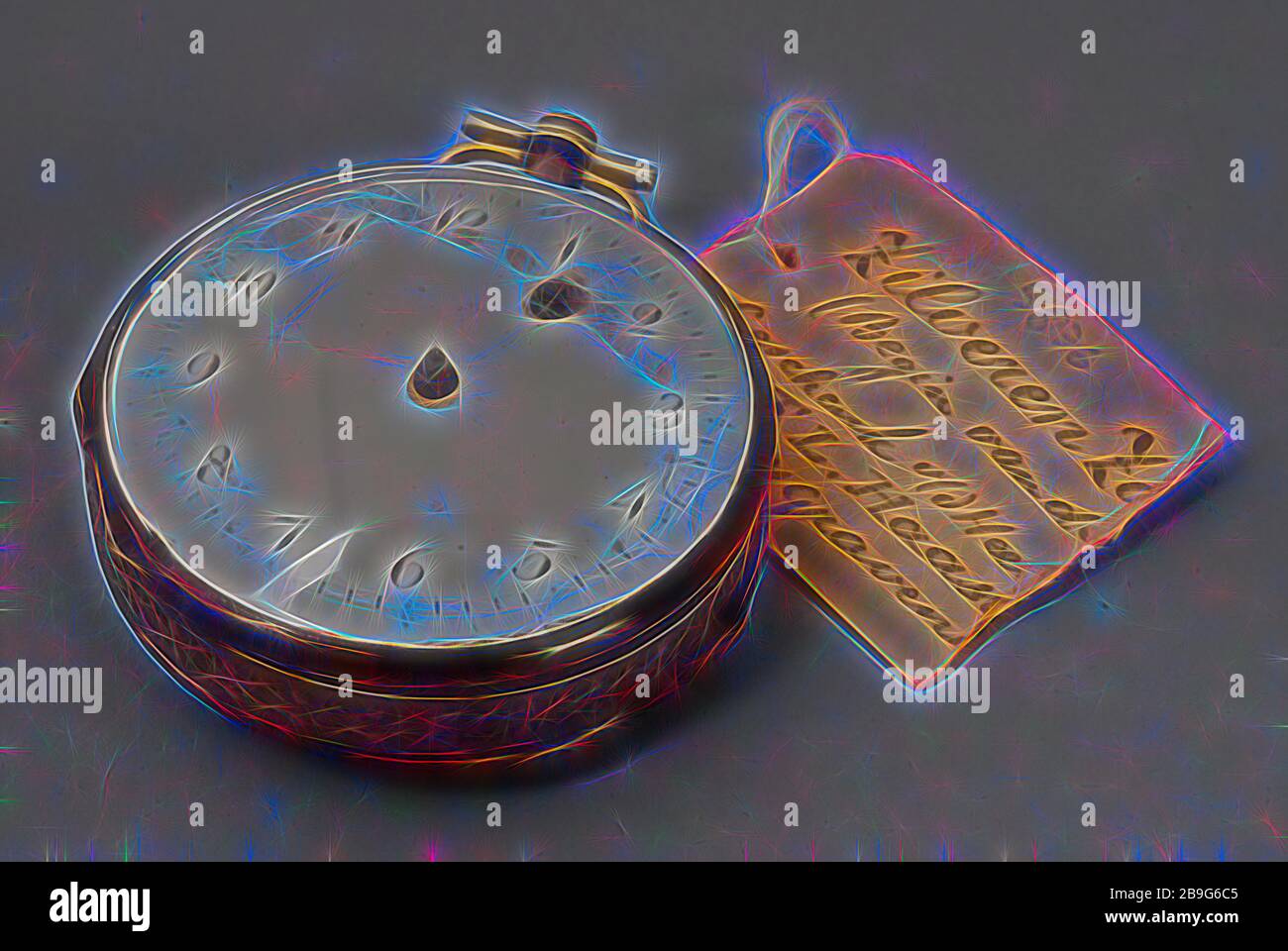 Taschenuhr mit weißen Emailzifferblatt und Muscheln Fall mit Wicklungen im Dial, Pocket Watch Uhrwerk Messgerät Messing silber Stahl Glas, Emaille, Taschenuhr mit weißer Emailfarbe flache Seite mit arabischen Ziffern bei Muscheln bei Konvexes Glas flachen Rücken und flachen Kanten mit kontinuierlichen Motiv. Das Uhrwerk mit Spindelgang mit snek. Auf der Rückseite der Platte messing Markise Brücke hinter dem Dreigliedrigen Balance. Neben der Lücke square gebläute Pin für die regulage in Silber abgestufter Rad mit Buchstaben R und die Innenseite der hinteren Abdeckung DLI 4169 Stockfoto