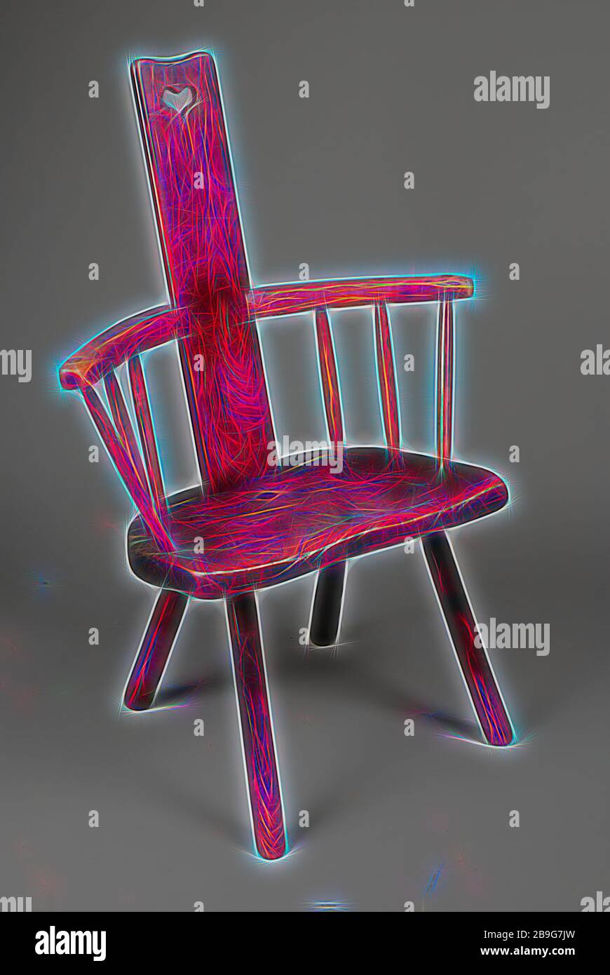 Eiche Stuhl, Sessel Möbel Inneneinrichtung Design Eiche Holz ohne Ulmenholz  100,0, Oak Stuhl mit gerader plankförmiger Rückenlehne mit herzförmigem Loch  halbrund Sitz und gebogener Armlehne auf beiden Seiten der Rückenlehne drei  Stangen