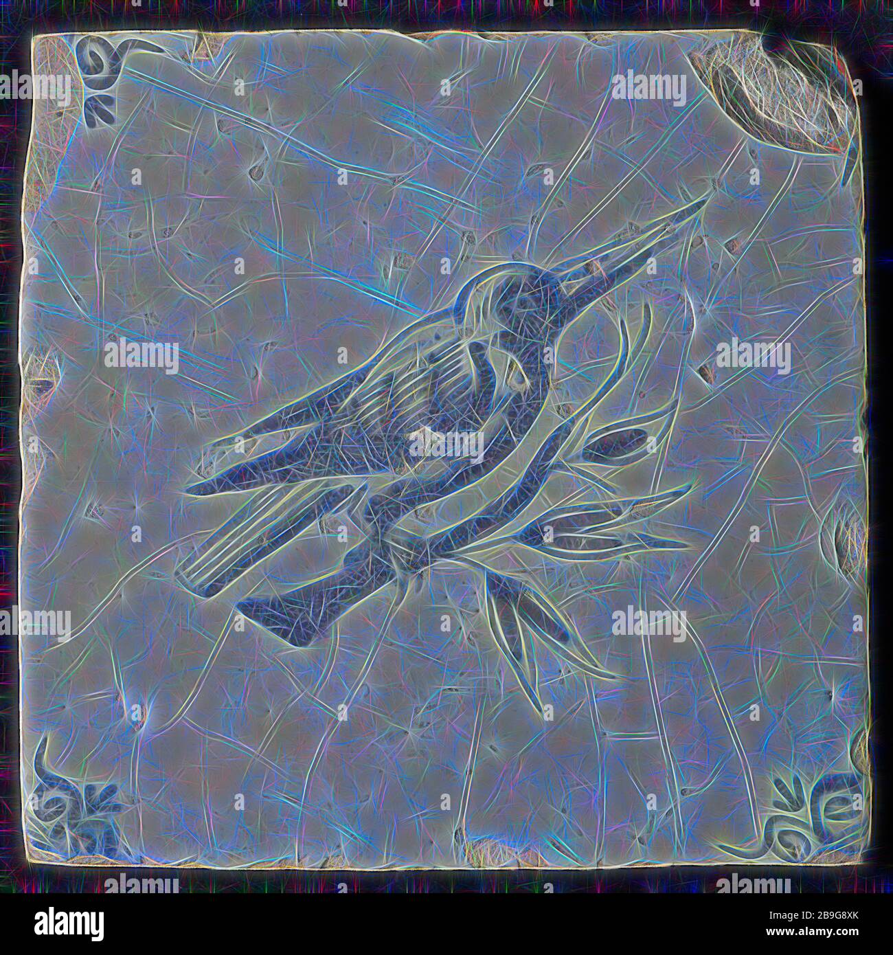 Tier Fliese mit Vogel auf Zweig, blau Dekor weiß, Leiter der Ecke füllen Ox, Wand Fliese Fliese skulptur keramik Steingut Glasur Zinn Glasur, in Form gebacken, glasiert gebackene Wandfliese mit blauem Dekor auf weißem Fond gemalt. Tier Fliese mit Vogel auf Zweig der Vogel ist ziemlich lange Schnabel möglich Kingfisher Dekor ist leicht während des Backens. Braun-gelb Shard abgekratzt Steingut verfärbt. Ecke kleine Ochsen Kopf. Leicht abfallend Seiten der indigenen Töpferei Stockfoto