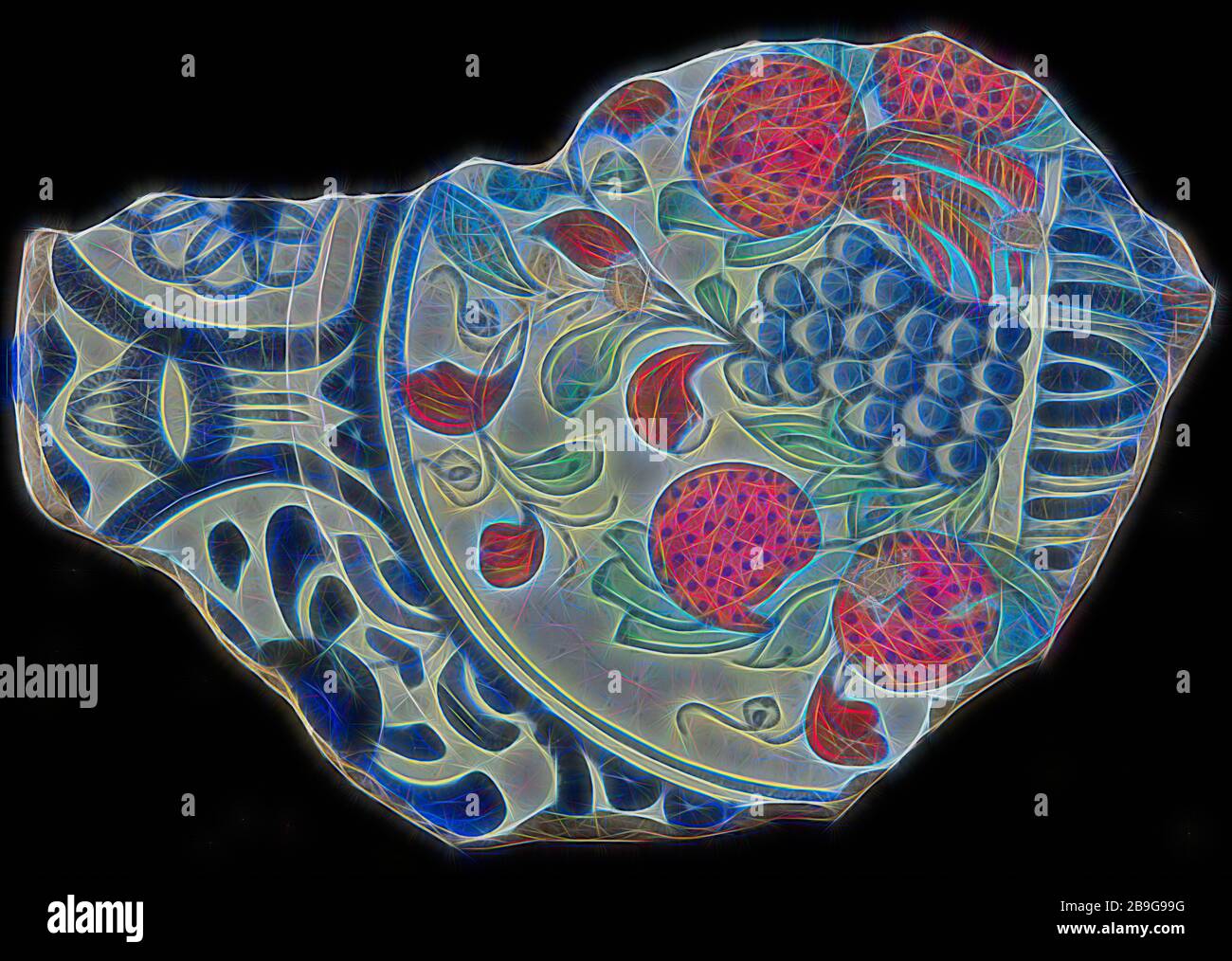 Fragment majolika Teller mit mehrfarbigem Obst, Rim in Wanli Stil, Teller Teller Geschirr halter Boden Keramik Steingut Glasur Glasur Glasur Zinn Blei finden, Hand gedreht Fried glasiert lackiert fried Fragment der Majolika Teller mit Tisch, beladen mit Früchten. Orange Äpfel, Granatäpfel für mögliche andere Obst und Trauben. Polychrome Einrichtung über die Schulter und die Flagge dark blue tape Grenze im Stil der wanli Zeitraum gemalt. Unterseite mit grünlich führen abgedeckt Glasur gekocht auf Pflaumen. Stand ring durchbohrt. Gebrauchsspuren Archäologie Essen servieren servieren Stockfoto