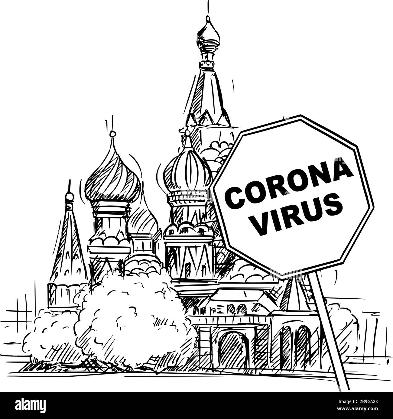 Vektor-Cartoon skizziert grobe Darstellung der russischen Föderation, Moskau, der Kathedrale von Saint Basil und Coronavirus kovid-19 Virus-Epidemie-Warnzeichen. Stock Vektor