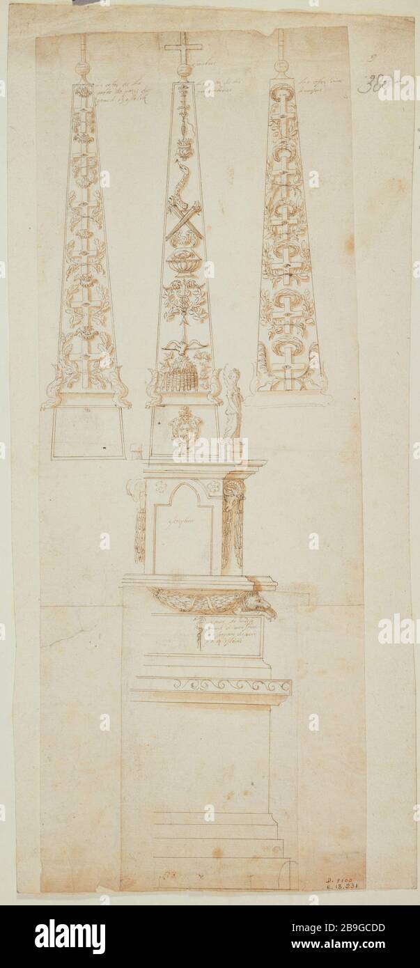 Projekt (?) Pyramidenförmige Verzierungen Tür breit Chatelet (drei Seiten). Anonyme. Projekt de pyramide, prunkvoll de la porte du Grand Chatelet (les trois faces). Plume, lavis bistre. Paris, musée Carnavalet. Stockfoto