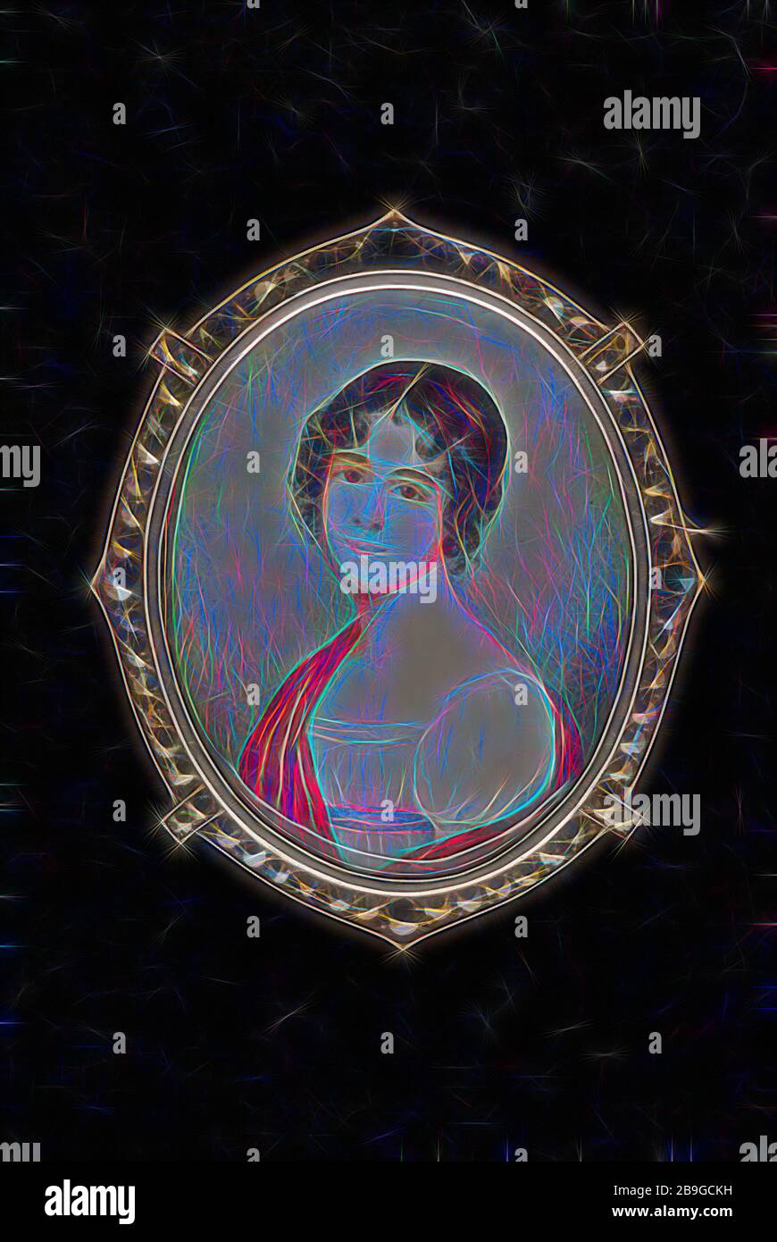 Johannes Maria Monsorno (1760-6), Portrait Miniatur junger Frau, Portrait Miniaturbild Skulptur Brosche Kleidung Accessoire Kleidung Elfenbein Farbe Aquarell Silber Glas Elfenbeinrücken, Brosche Oval Portrait Miniatur junger Frau im Inneren ovaler silberner Zierrahmen Set mit geschnittenen Spiegelsteinen. Geschlossen mit flacher Glasplatte. Rückseite mit Stift und mit silberfarbenem Schild geschlossen, Rückseite: 900 Antonie Adamberger Monsorno Waller-Walop Stockfoto