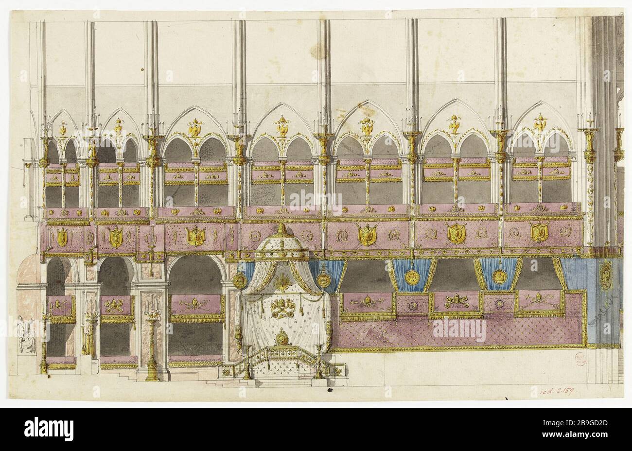 Thronverzierung der Kathedrale Notre Dame zur Krönung von Napoleon I., Paris Charles Percier (1764-186). Décoration du trône de la cathédrale Notre-Dame pour le sacre de Napoléon Ier, Paris. Aquarelle. Paris, musée Carnavalet. Stockfoto