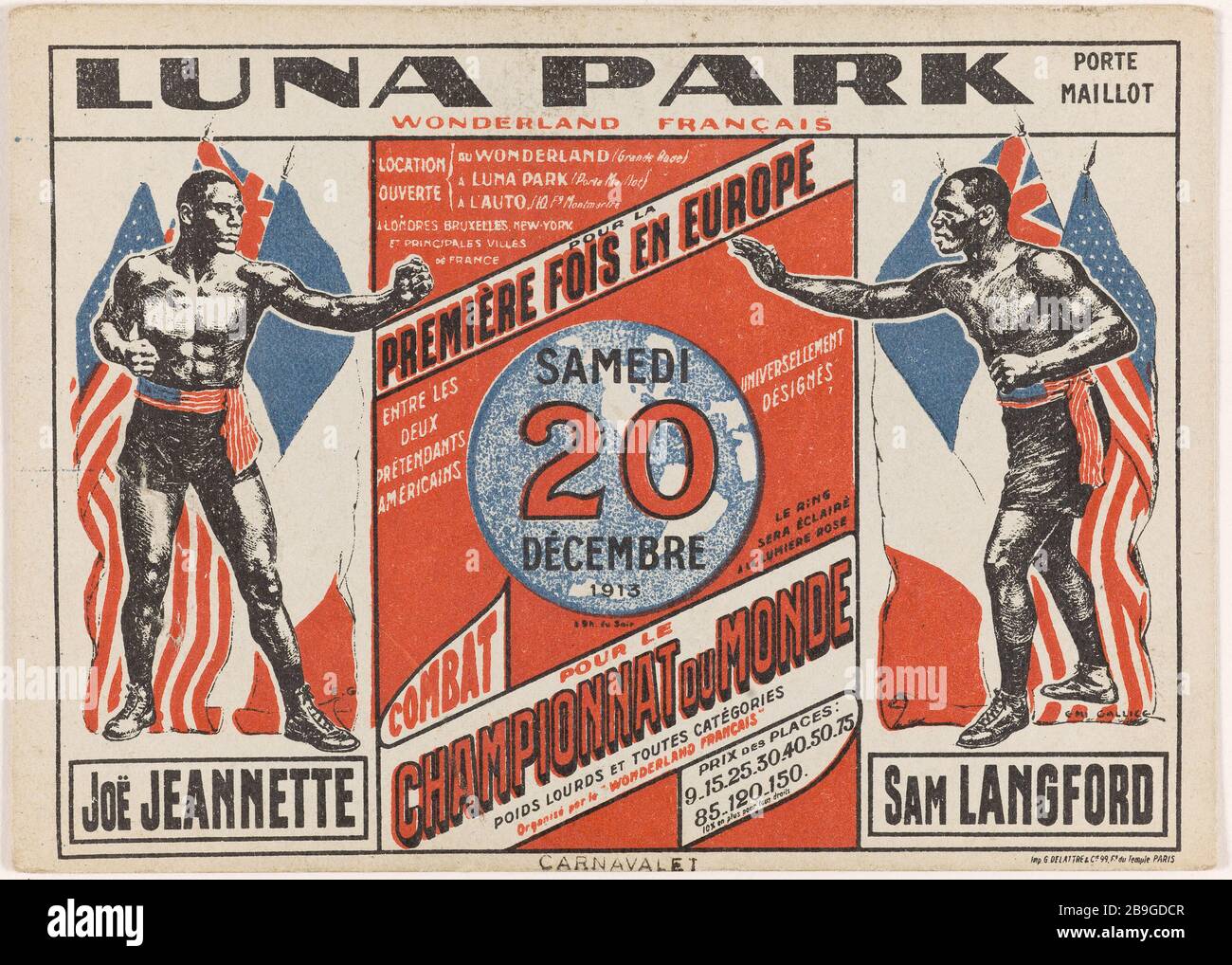 WERBEPLAKAT; LUNA PARK, Porte Maillot; CHAMPIONBOXWELT G. Delatre. "Affiche publicitaire; Luna Park, porte Maillot; Championnat du monde de boxe", 1913. Paris, musée Carnavalet. Stockfoto