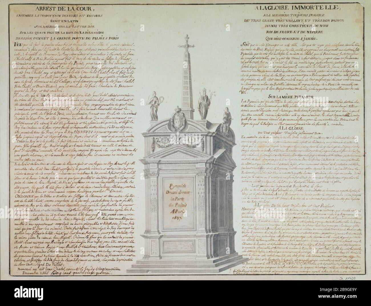 Vor der Tür des Palastes errichtete Pyramide zu Ehren von Heinrich IV., König von Frankreich und Navarra, 1597. Anonyme. Pyramide dressée devant la porte du Palais, à la gloire de Henri IV, roi de France et de Navarre, 1597. Plume, Encre noire, lavis gris. Paris, musée Carnavalet. Stockfoto