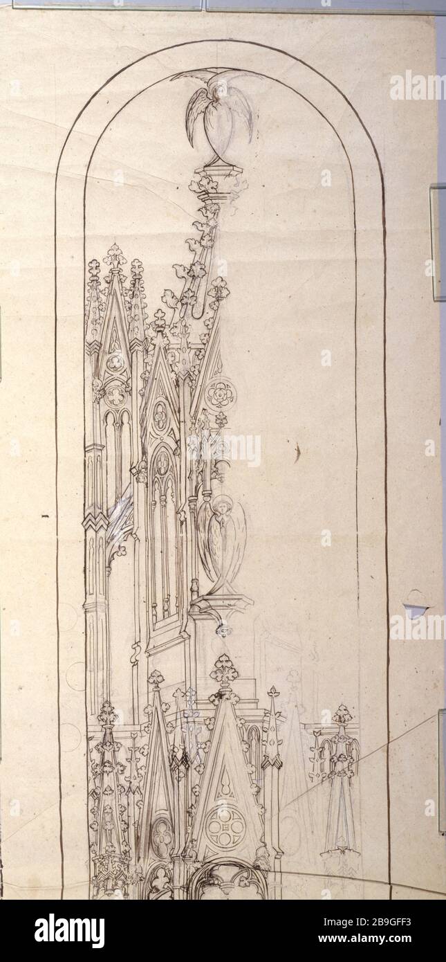 GLASDESIGN - STUDIE FÜR DEN BODEN DER GOTIK PROSPER LAFAYE (1806-1883). "ESSIN de vitrail: Etüde pour Fond d d'Architecture gothique (parie supérieure), entre in den Jahren 225-1875". Paris, musée Carnavalet. Stockfoto