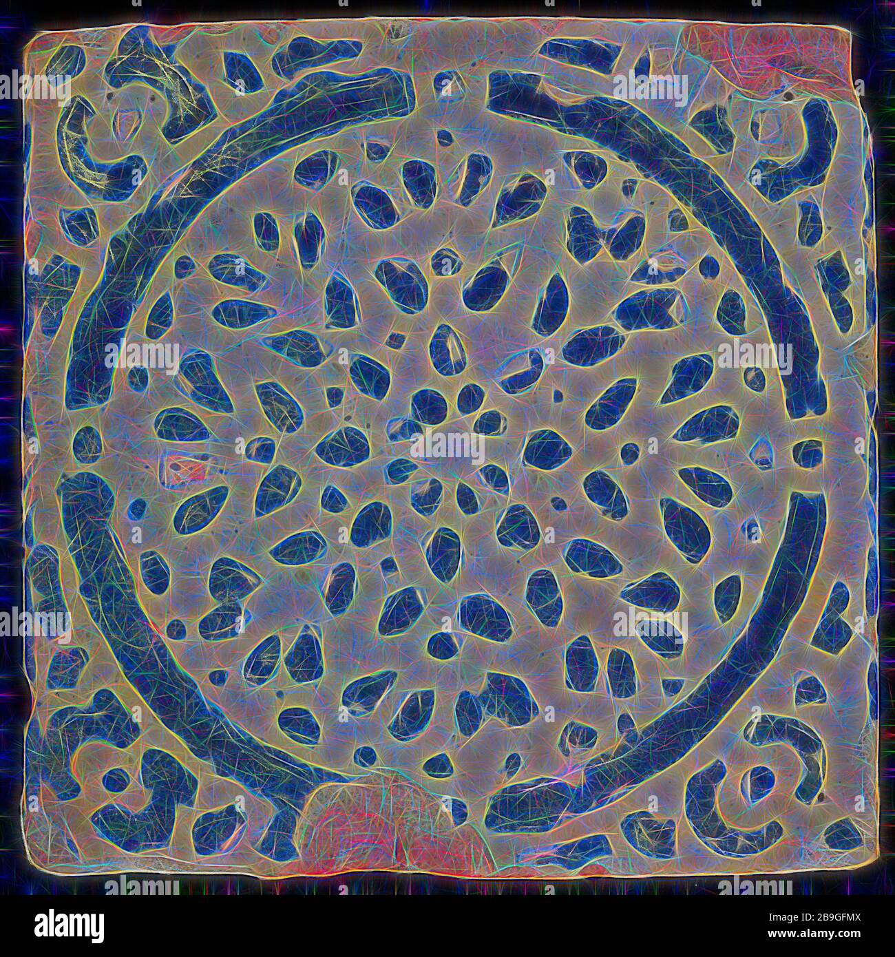Zierfliese, blauer Kreis, gebürstete blaue Tropfen, Fußbodenfliesen, Keramik Steingutglasur, Schmuck im Zentrum. Blauer Kreis und gebürstete Tropfen Stockfoto