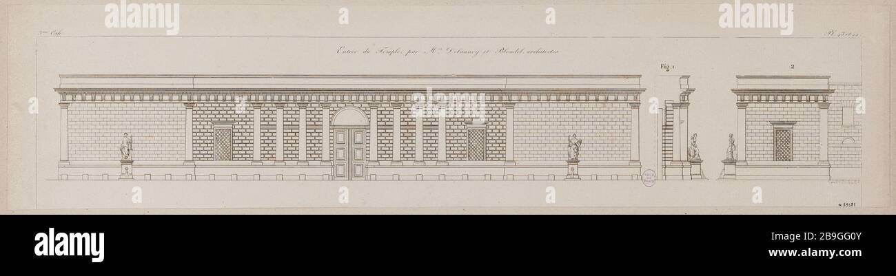 Eingang zum Tempel von Frau Delannoy und Blondel, Architekten François Blondel (1683-1756) und François Jacques Delannoy, ou Delaunoy (1755-1835), architectes français. Entrée de la Maison du Temple. Paris (IIIème arr.). Eau-forte. Paris, musée Carnavalet. Stockfoto