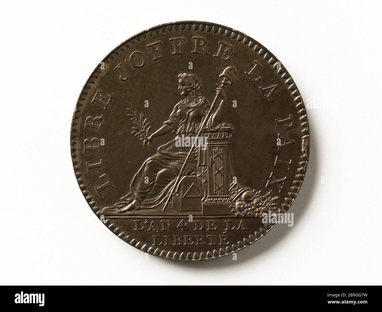 Spezieller Währungstest "Free I Offer Peace", Jahr 4 (1792) Michel Brezin (1758-188). Essai de monnaie particulière 'Libre j'offre la paix', an 4 (1792). Cuivre, 17992. Musée Carnavalet, Histoire de Paris. Stockfoto