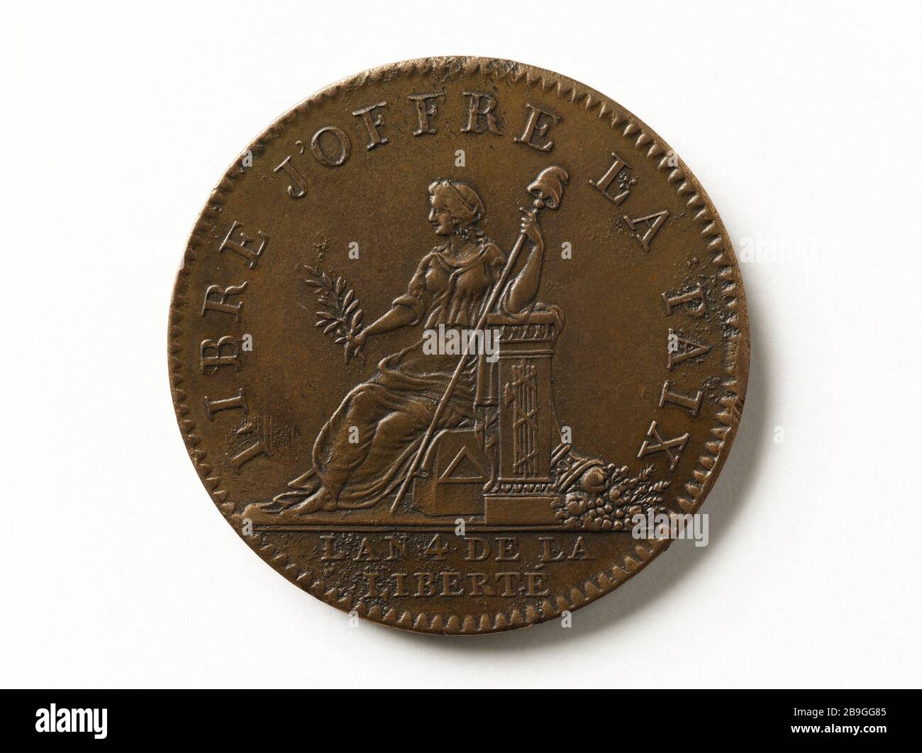 Spezieller Währungstest "Free I Offer Peace", Jahr 4 (1792) Michel Brezin (1758-188). Essai de monnaie particulière 'Libre j'offre la paix', an 4 (1792). Cuivre, 17992. Musée Carnavalet, Histoire de Paris. Stockfoto