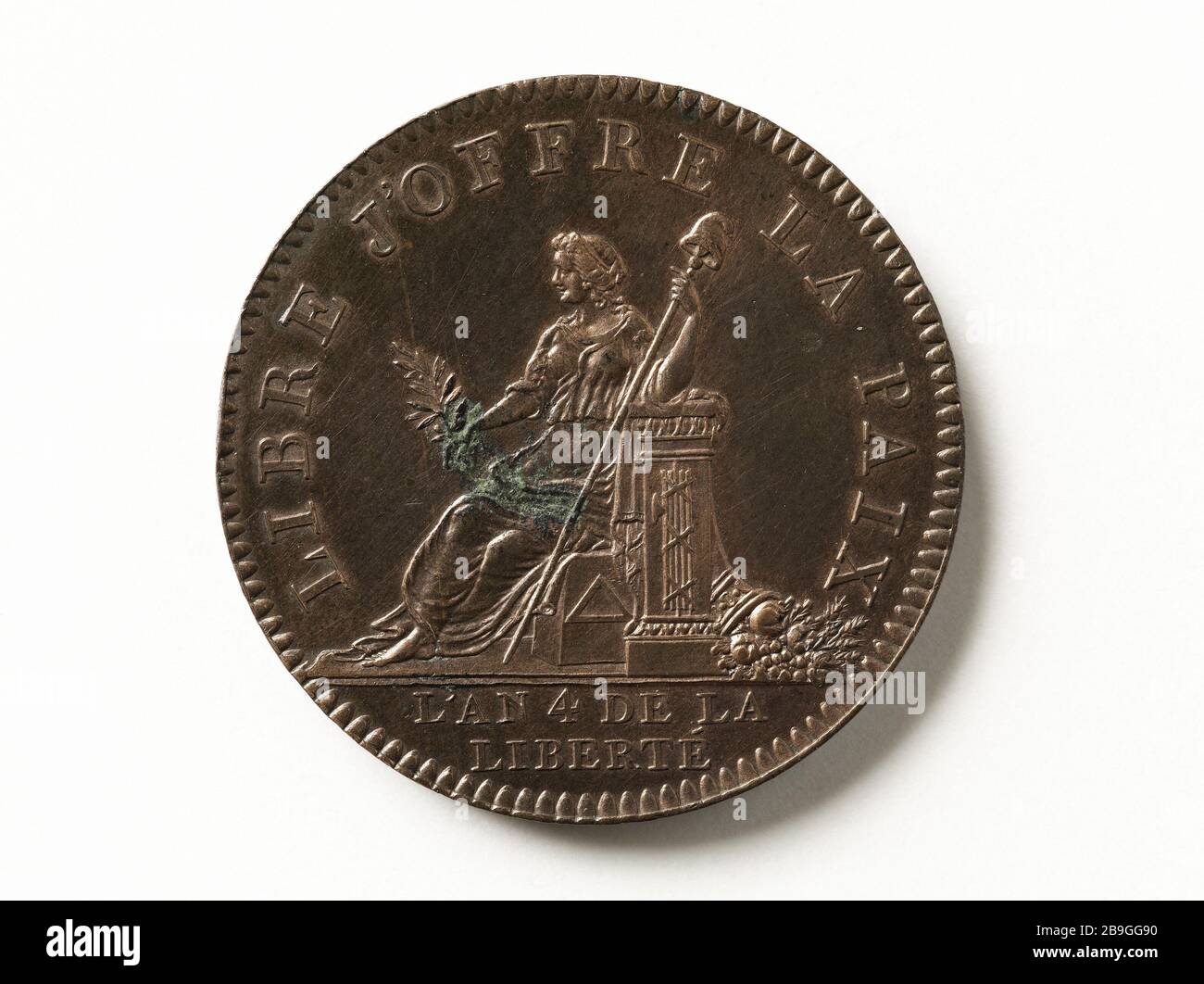 Spezieller Währungstest "Free I Offer Peace", Jahr 4 (1792) Michel Brezin (1758-188). Essai de monnaie particulière 'Libre j'offre la paix', an 4 (1792). Cuivre, 17992. Musée Carnavalet, Histoire de Paris. Stockfoto