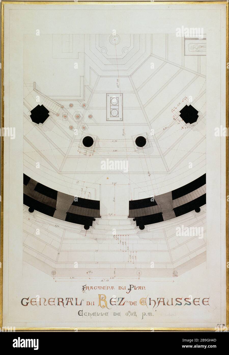Fragment des Generalplans des Erdgeschosses eines mittelalterlichen Gebäudes religiösen Anonyme. Fragment du Plan général du rez-de-chaussée d'un édifice religieux médiéval. Pflaume, Encre de Chine, lavis d'aquarelle. Paris, musée Carnavalet. Stockfoto