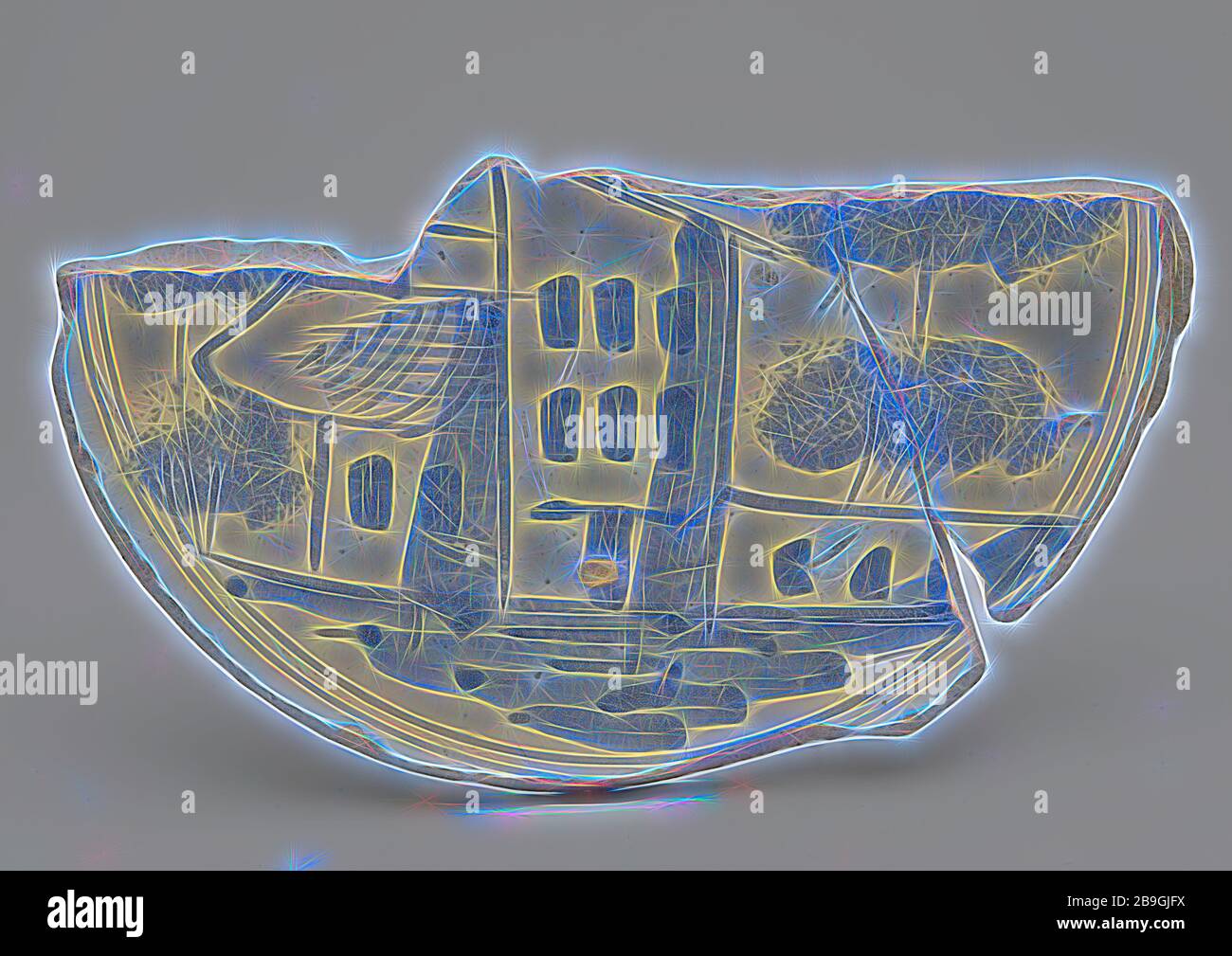 Fragment Majolika-Gericht, Landschaft mit Haus oder Turm in Blau, Teller Platte Platte Platte Boden gefunden Keramik Steingut Glasur Zinn Glasur Bleiglasur, Ring 10,8 Majolika gebacken 2x lackiert glasiert Hand gedreht Spiegelfragment von Majolika-Gericht flach und schräg Standring Monochrom Dekor blau. Szenerie mit Gebäuden, darunter turmförmige dreigeschossige Hausbäume in Polstertechnik Coarse-bemalte Gelbe Schard Holz-Baked-Archäologie Rotterdam-Stadscentrum Stadsdriehoek Schielandshuis indigene Töpferwaren, die Tafelzimmer servieren, die der Bodenfindung dienen: Schielandshuis bei der Restaurierung Stockfoto