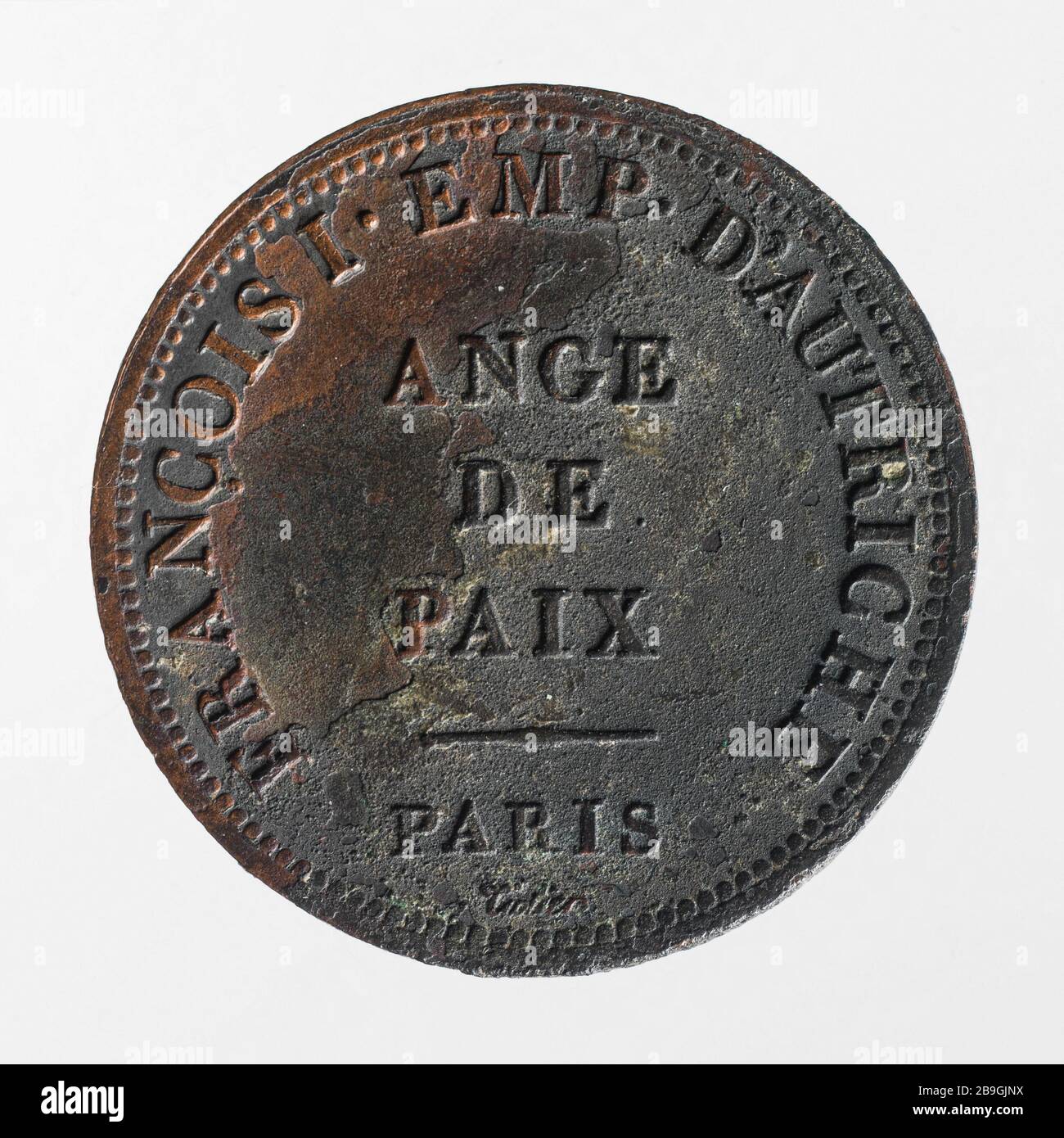 Besondere Prüfung, die dem österreichischen Kaiser Franz I., dem "Friedensstifter Europas", dem Jahr 1814 Pierre-Joseph Tiolier (1763-1819) gewidmet ist. Essai particulier dédié à François Ier empereur d'Autriche, 'aux pacificateurs de l'Europe', 1814. Bronze, Typ très abimé. 1814. Paris, musée Carnavalet. Stockfoto