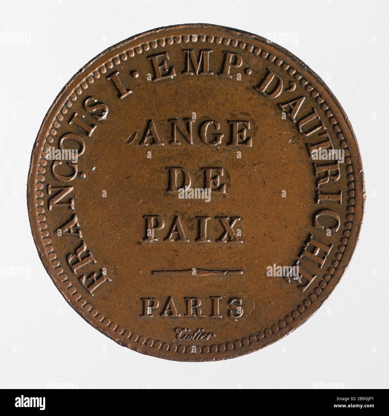 Besondere Prüfung, die dem österreichischen Kaiser Franz I., dem "Friedensstifter Europas", dem Jahr 1814 Pierre-Joseph Tiolier (1763-1819) gewidmet ist. Essai particulier dédié à François Ier empereur d'Autriche, 'aux pacificateurs de l'Europe', 1814. Bronze. 1814. Paris, musée Carnavalet. Stockfoto