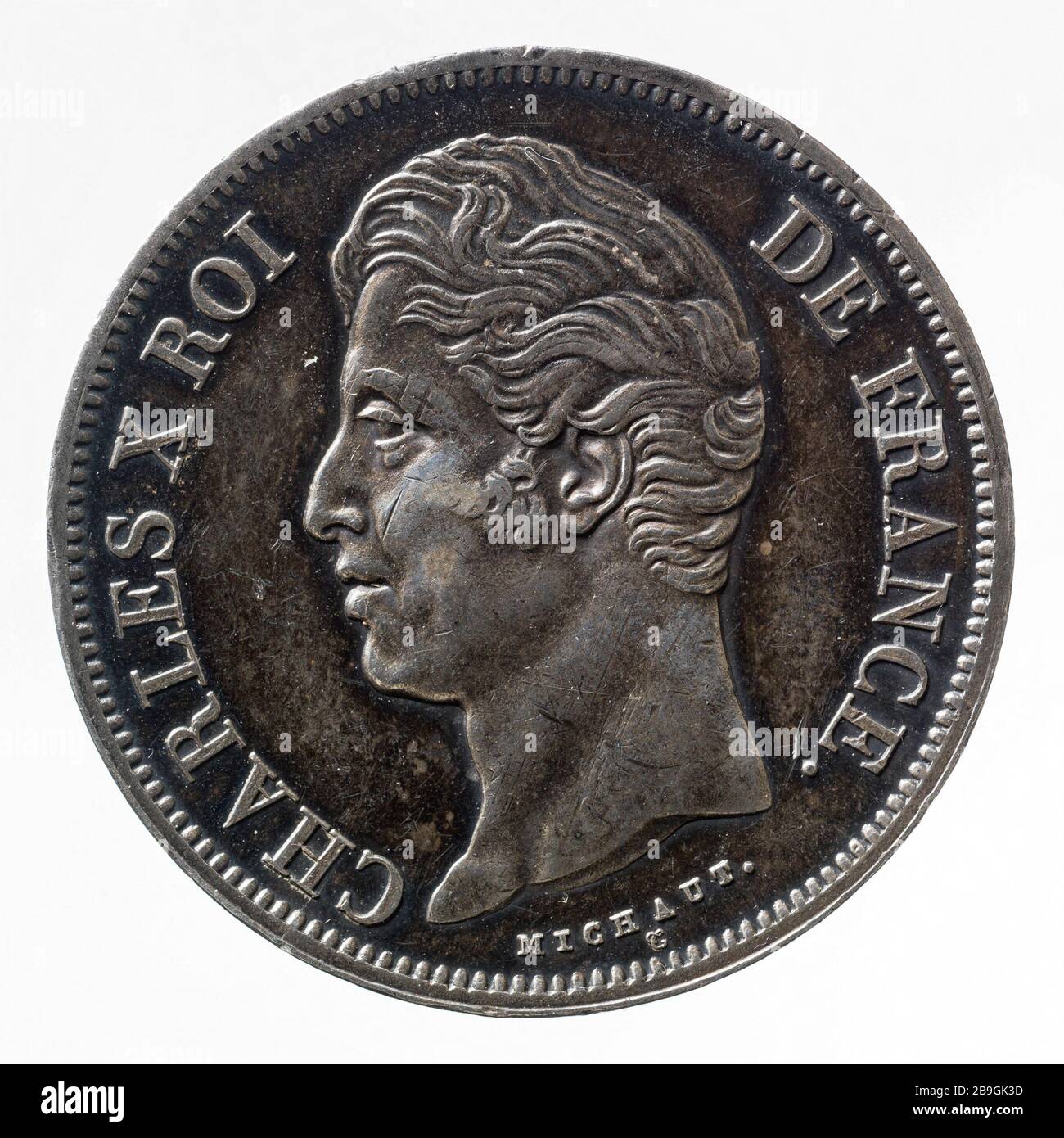5-Franken-Stück von Charles X, von 188 von Auguste François Michaut. pièce de 5 Francs de Charles X, 188. Argent, Paris, musée Carnavalet. Stockfoto
