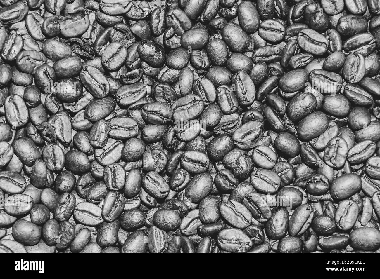 Kaffeebohnen geröstete dunkelbraune Samen Hintergrundtextur schwarz-weiß Stockfoto