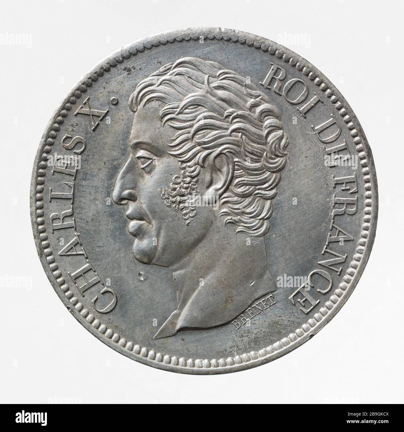 Testen sie uniface für das 5-Franken-Stück von Charles X, Nicolas Brenet (1770-1846). Essai uniface pour la pièce de 5 Francs de Charles X, 188. Etain, Paris, musée Carnavalet. Stockfoto