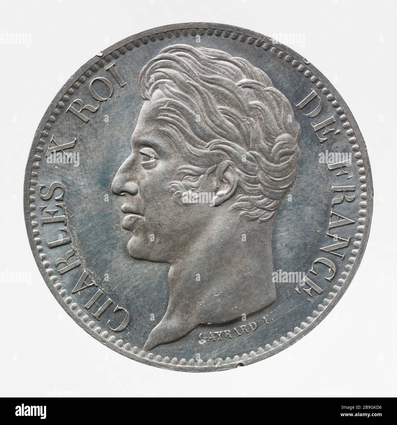 Testen sie uniface für das 5-Franken-Stück von Charles X, 188 Gayrard, L. Essai uniface pour la pièce de 5 Francs de Charles X, 188. Etain, Paris, musée Carnavalet. Stockfoto
