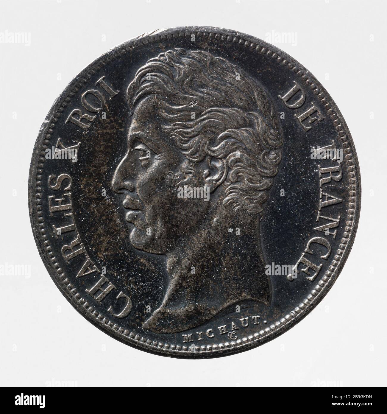 Teil 2 Francs Charles X im Jahr 1826, Auguste François Michaut. pièce de 2 Francs de Charles X, 1827. Argent. Im Jahre 1826. Paris, musée Carnavalet. Stockfoto