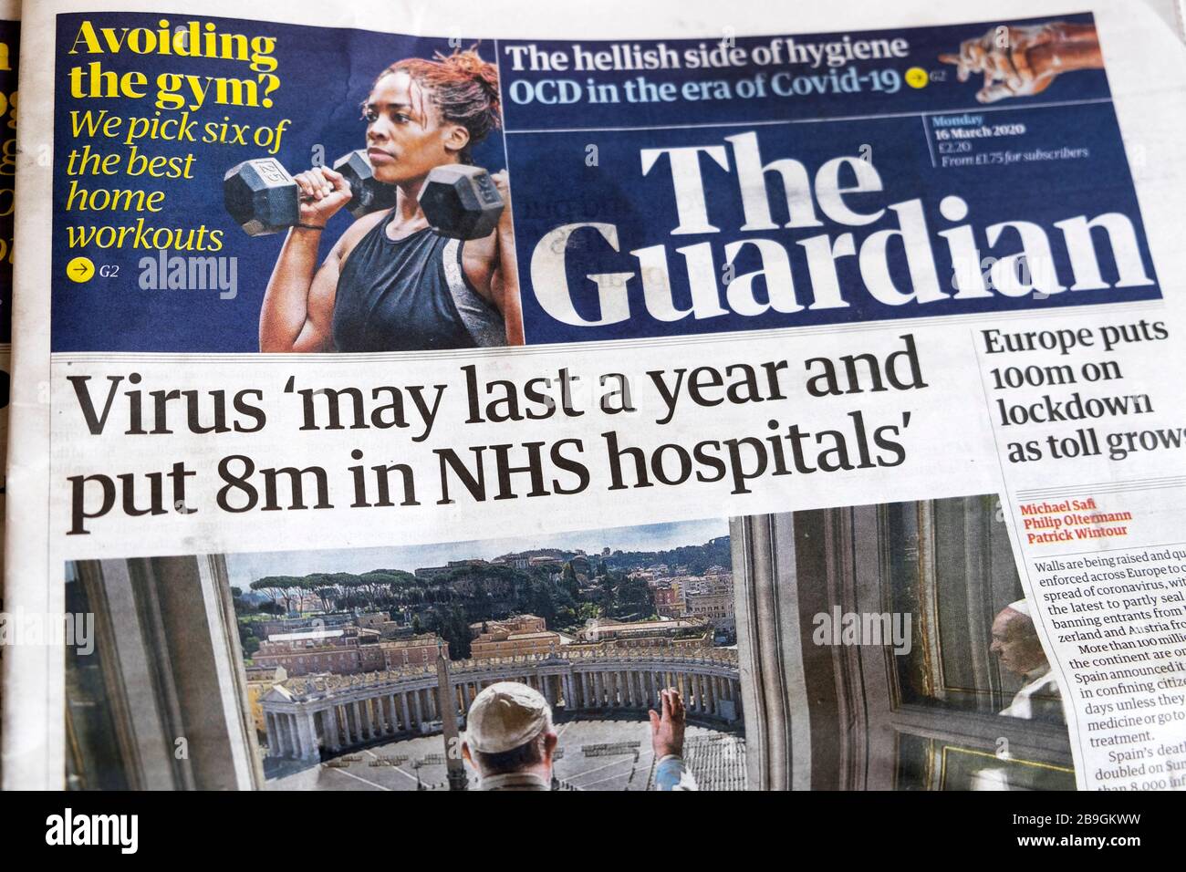 "Virus kann ein Jahr dauern und 8 Millionen in NHS-Krankenhäusern und Heimturnhalle Sport Titelzeile der Zeitung Guardian 16. März 2020 London England Großbritannien Stockfoto