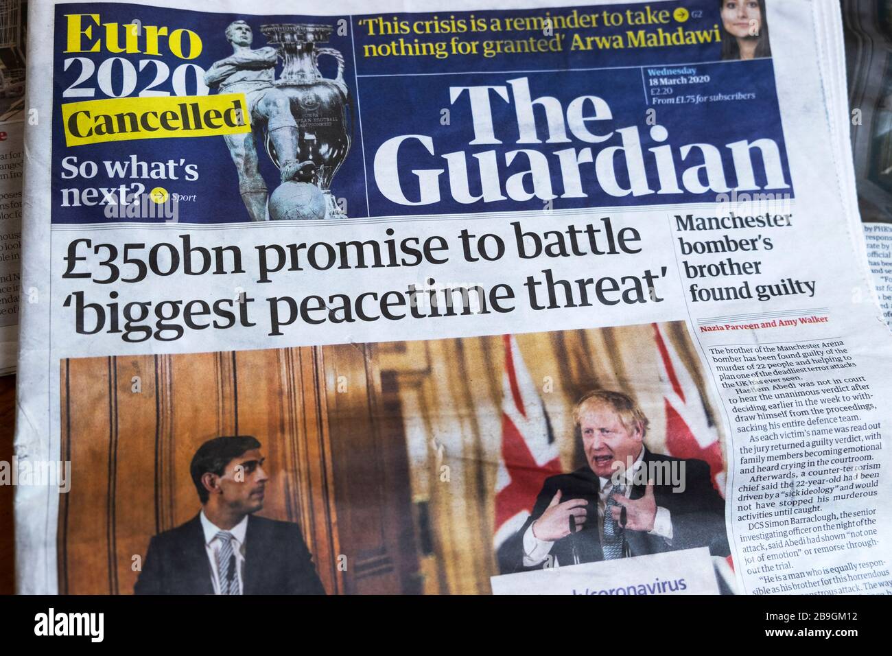 ' 350 Mrd.£Versprechen, die "größte Bedrohung für Friedenszeiten" zu bekämpfen ' Titelzeile der Zeitung Guardian 18. März 2020 London England Großbritannien Stockfoto