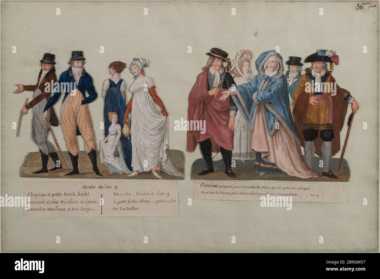 Modus des Jahres 9 (1800-1801) - Kostüm vorgeschlagen für den älteren Jean-Baptiste Lesueur (1749-1826). 'Mode de l'an 9 (1800-1801)- Kostüm proposé pour les vieeillards'. Gouache découpée. Paris, musée Carnavalet. Stockfoto