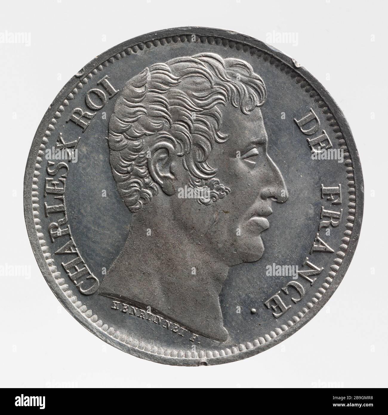 uniface Test für den Teil von 40 Francs Charles X 1824-1825 Henrionnet. Essai uniface pour la pièce de 40 Francs de Charles X, 1824-1825. Etain. 1824-1825. Paris, musée Carnavalet. Stockfoto