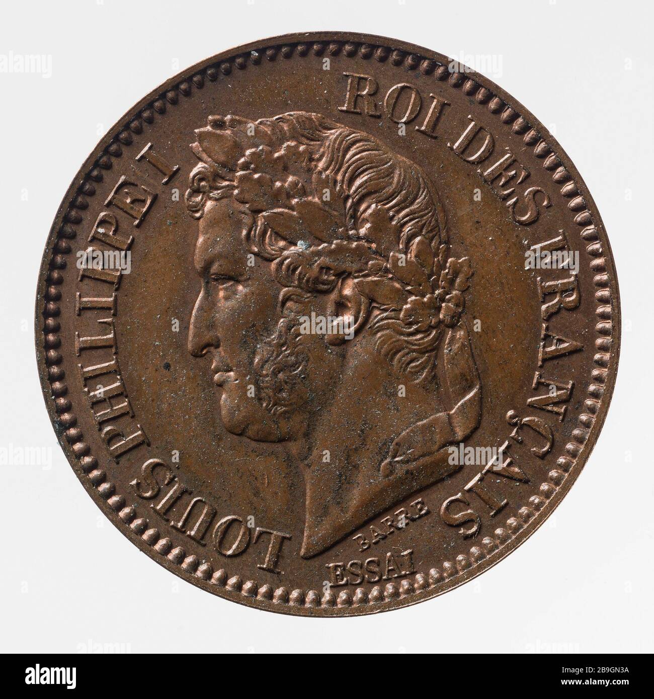 Test für Teil 2 Centimes Louis Philippe, 1840 Albert-Désiré Barré (1818-1878). Essai pour la pièce de 2 centimes de Louis-Philippe, 1840. Cuivre. Um das Jahr 1840. Paris, musée Carnavalet. Stockfoto