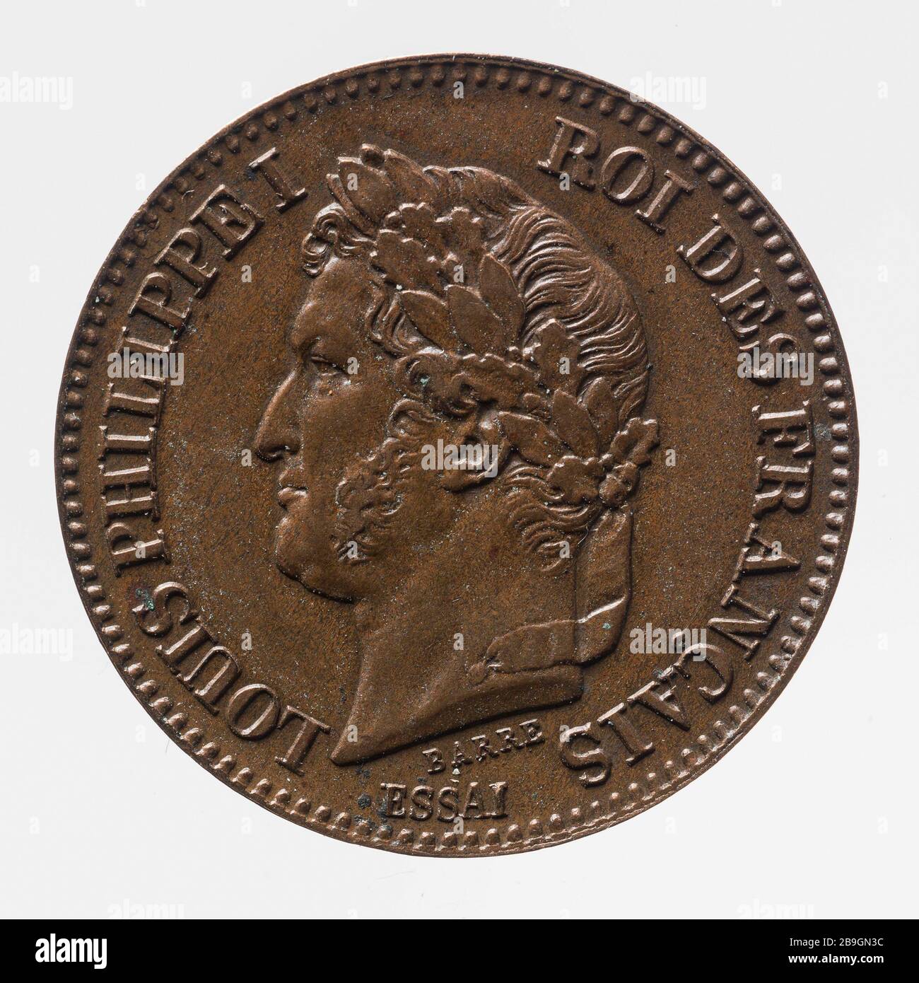 Test für Teil 2 Centimes Louis Philippe, 1842 Albert-Désiré Barré (1818-1878). Essai pour la pièce de 2 centimes de Louis-Philippe, 1842. Cuivre. Im Jahre 1842. Paris, musée Carnavalet. Stockfoto