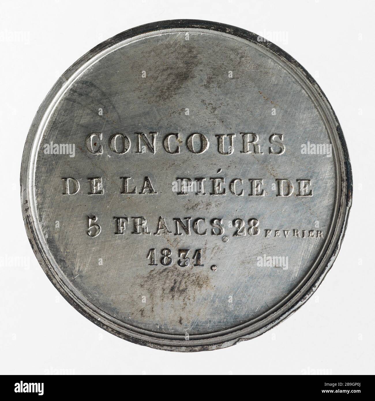 Test für 5-Franken-Stück von Louis Philippe, 1831 Jean-Pierre Montagny. Essai pour la pièce de 5 Francs de Louis-Philippe, 1831. Etain. 1831. Paris, musée Carnavalet. Stockfoto