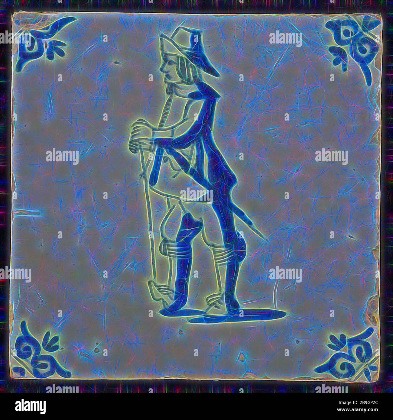 Weiße Fliesen mit blauen Krieger mit Schwert, Stock und Hut; Ecke Muster ox Kopf, wandfliese Kachel skulptur keramik Steingut glasiert, gebackene 2 x Glasierte lackiert Militaria Stockfoto
