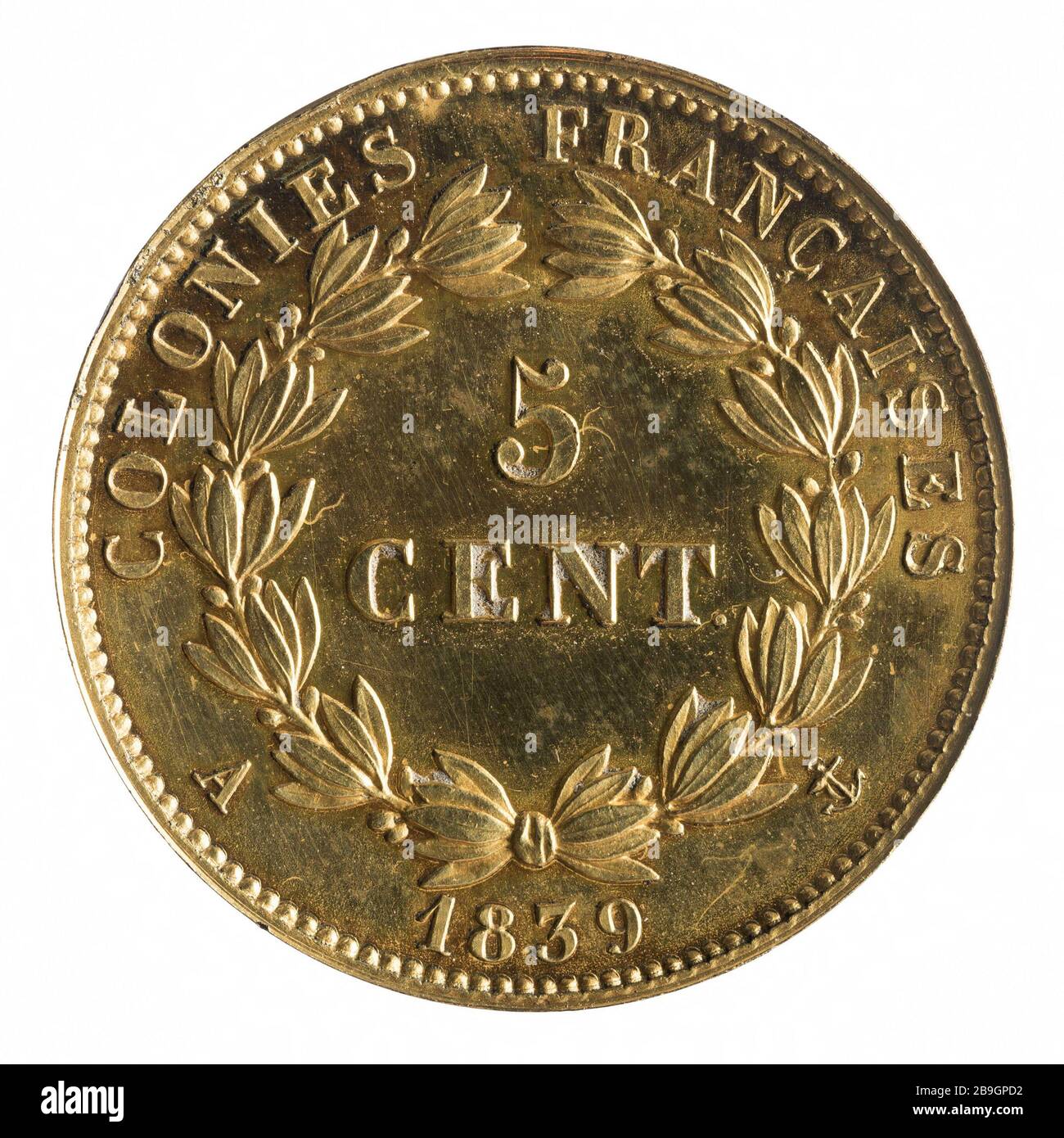 Test für Raum 5 Centimes französische Kolonien unter Louis Philippe, 184 Nicolas-Pierre Tiolier (1784-1853) et Jacques-Jean Barre (1793-1855), graveurs en médailles. "Essai pour la pièce de 5 centimes de Franc des colonies françaises sous Louis-Philippe, 184". Oder Revers. Paris, musée Carnavalet. Stockfoto