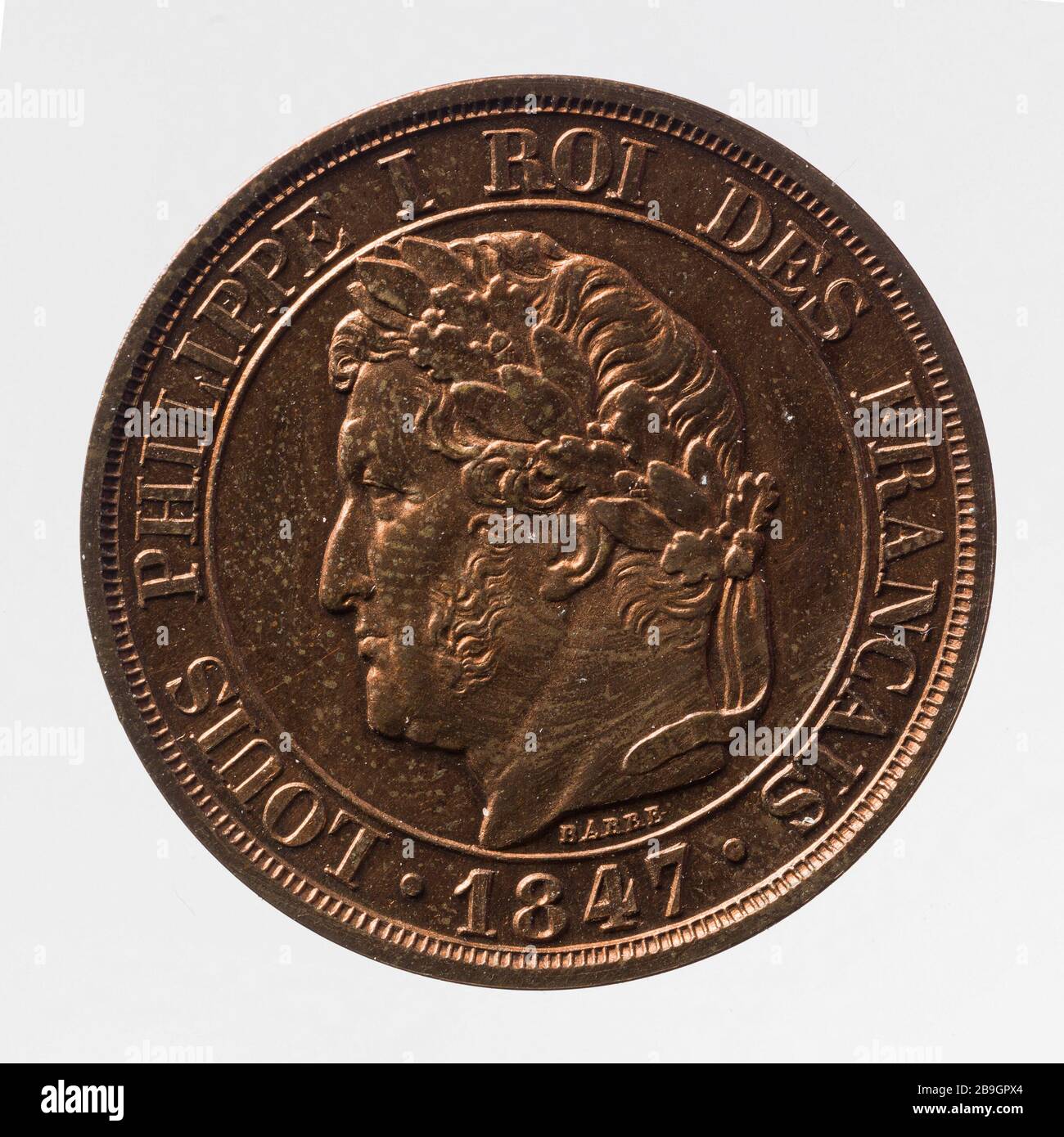 Test für 2-Münzen-Centimes Louis Philippe, 1847 Jacques Jean Jacques Jean Barré (1793-1855) (1793-1855). Essai pour la pièce de 2 centimes de Franc de Louis-Philippe, 1848. Cuivre. Im Jahr 1848. Paris, musée Carnavalet. Stockfoto