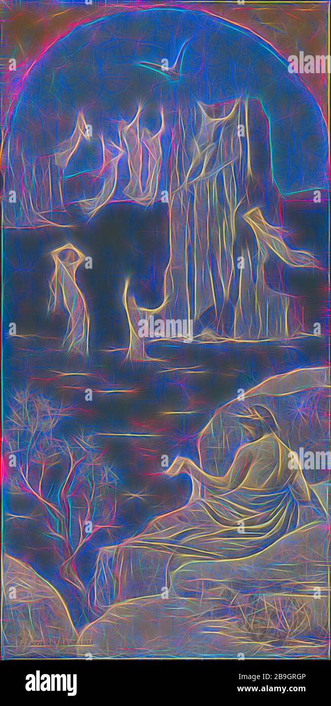 Pierre Puvis de Chavannes: Dramatische Poesie (Aeschylus), Pierre Puvis de Chavannes, c Das Gemälde von "Öl auf Leinwand" aus dem Jahr 1896 ist eine herunterskalierte Version einer riesigen Leinwand - über 14 x 7 Fuß -, die der französische Künstler Puvis de Chavannes für die Boston Public Library gemalt hat. Als größter Muralist seiner Zeit führte Puvis viele wichtige Dekorationen für öffentliche Gebäude in Frankreich aus. Das Projekt Boston, ein Zyklus von neun Wandbildern, war seine erste und einzige kommission in den Vereinigten Staaten und repräsentiert die Bereiche menschlichen Wissens, die in den Beständen der Bibliothek enthalten sind. Hier liest der griechische Dichter Aeschylus Stockfoto