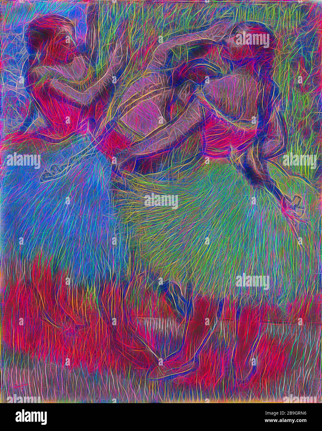 Edgar Degas: Drei Tänzerinnen mit Haaren in Geflechten (Trois danseuses les cheveux en Stresses), Edgar Degas, c 1900, Pastell und Holzkohle auf Wove-Papier, hatte Edgar Degas ein Abonnement für die Pariser Oper, wo er sein Ballerina-Corps studierte, sie in intimen Momenten backstage-Stretching einfangen, ihre Kostüme anpassen, ihre Füße reiben. Statt die Illusion von Leichtigkeit, die wir auf der Bühne sehen, zu vervielfältigen, präsentiert Degas Ballett als harte, anstrengenden Arbeit. Für diese Motive arbeitete er oft in Pastell, da die kreidige Textur des Crayons ideal geeignet war, den leichten, gauen Stoff des festzuhalten Stockfoto