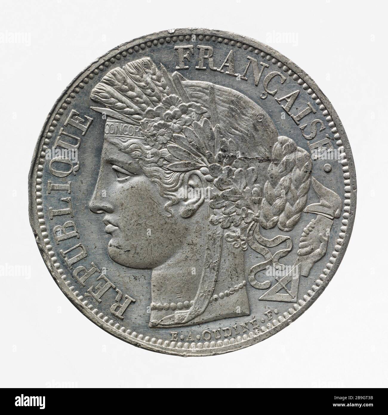 Assay für 5-Franken-Stück, 1848 Eugène André Oudiné (1810-1887). Essai pour la pièce de 5 Francs, 1848. Etain. 1848. Paris, musée Carnavalet. Stockfoto