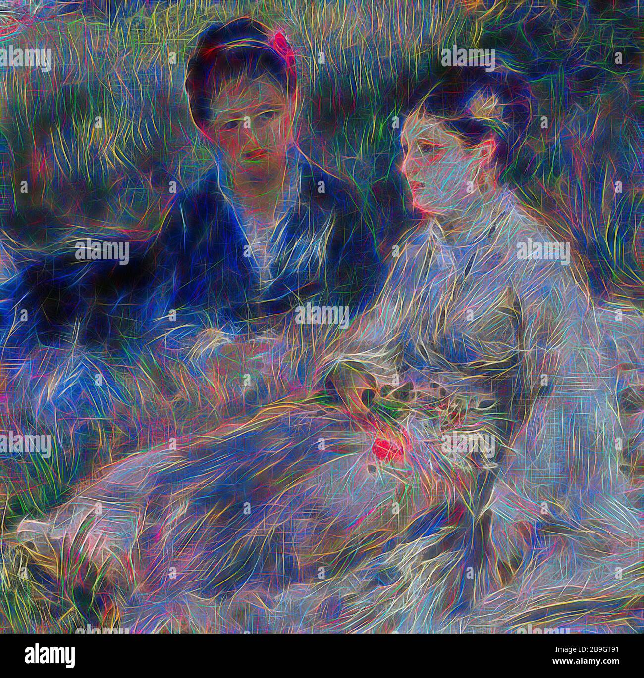 Pierre-Auguste Renoir: On the Grass (Jeunes femmes assises dans l'herbe), Pierre-Auguste Renoir, c Im Jahr 1873, Öl auf Leinwand, entspannen sich zwei Frauen, die modische Kleider tragen, im Gras; eine, so scheint es, hat gerade einen Blumenstrauß gepflückt. Es ist schwer zu sagen, ob die Szene in einem Pariser Garten stattfindet - vielleicht in einem privaten, überwucherten - oder ob die Frauen auf dem Land irgendwo außerhalb der Stadt sind. Klar ist, dass Renoir hier en plein aire malte und seine Leinwand nach draußen brachte, um direkt vor seinem Thema zu arbeiten. Beachten Sie, wie aufmerksam er auf die sich ändernden Bedingungen der nat ist Stockfoto