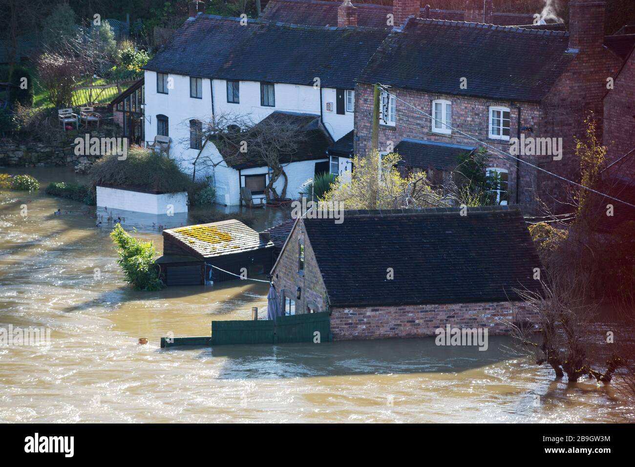 Überschwemmte Häuser in Ironbridge in Shropshire, wo der Fluss Severn nach dem nassesten Februar in Großbritannien, Febr, unter starken Hochwasserbedingungen stand Stockfoto