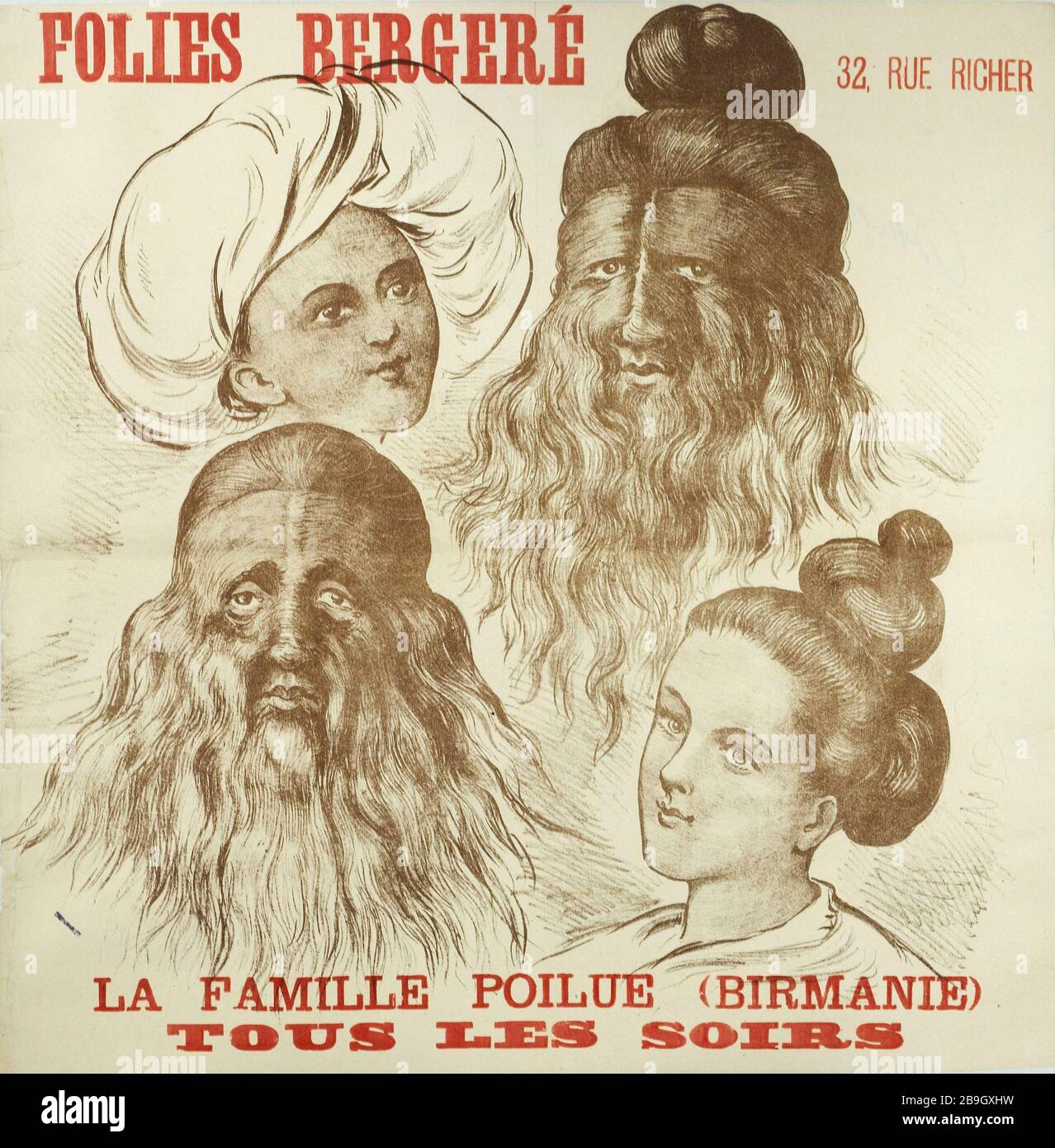 Folies-Bergere, FAMILIE HAIRY (BIRMA) Folies-Bergère, La Famille Poilue (Birmanie). Affiche. Lithographie couleur. Paris, musée Carnavalet. Stockfoto
