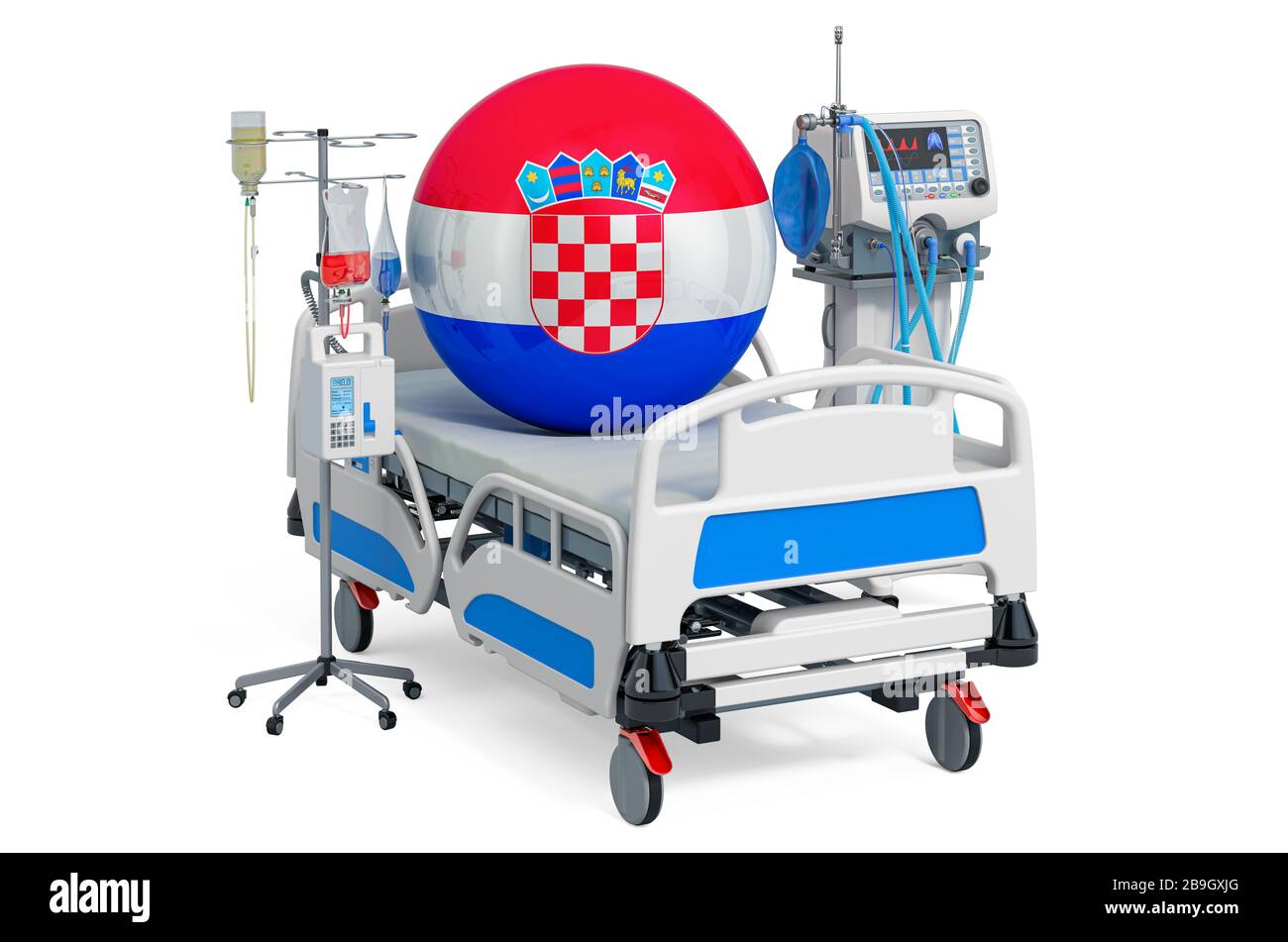 Kroatische Gesundheitsversorgung, Intensivstation in Kroatien. 3D-Rendering isoliert auf weißem Hintergrund Stockfoto