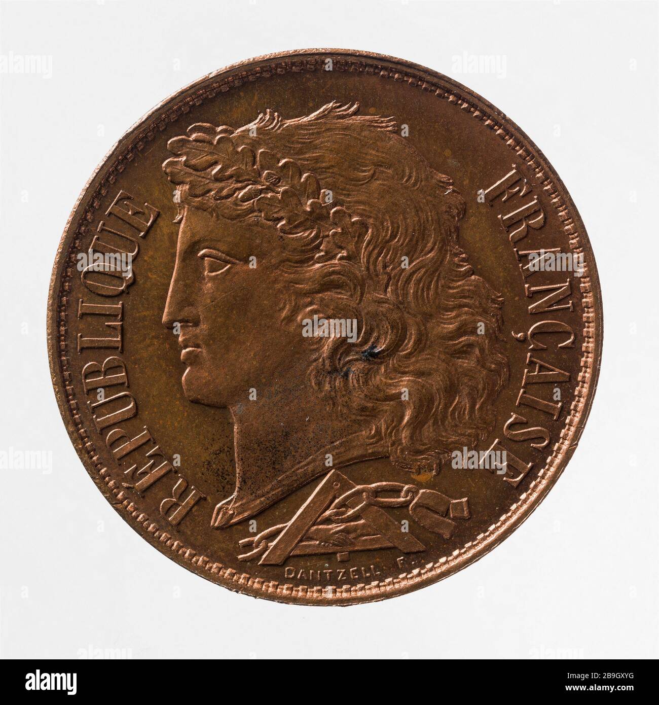 Die Prüfung für den Teil von 10 Centimes der zweiten Republik, 1848 Joseph Dantzell (1805-1877). Essai pour la pièce de 10 centimes de Franc de la Deuxième République, 1848. Cuivre. 1848. Paris, musée Carnavalet. Stockfoto