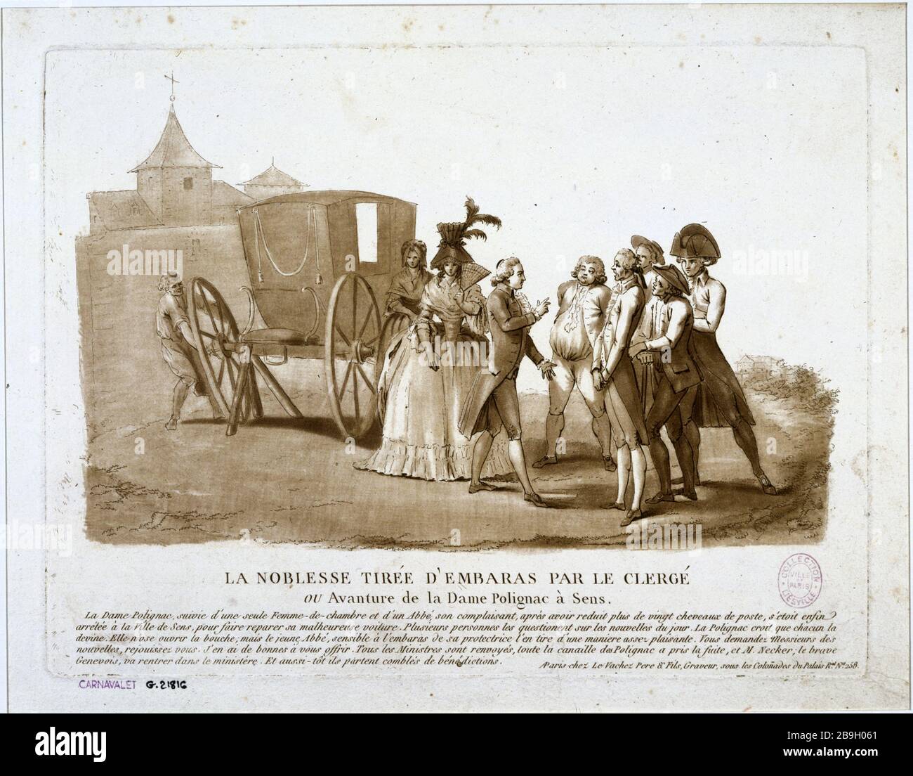 EDLES TYREE VON VERDORBEN VOM KLERUS LEVACHEZ. "La Noblesse tirée d'embarras par le Clergé". Tiefdruck. Paris, musée Carnavalet. Stockfoto
